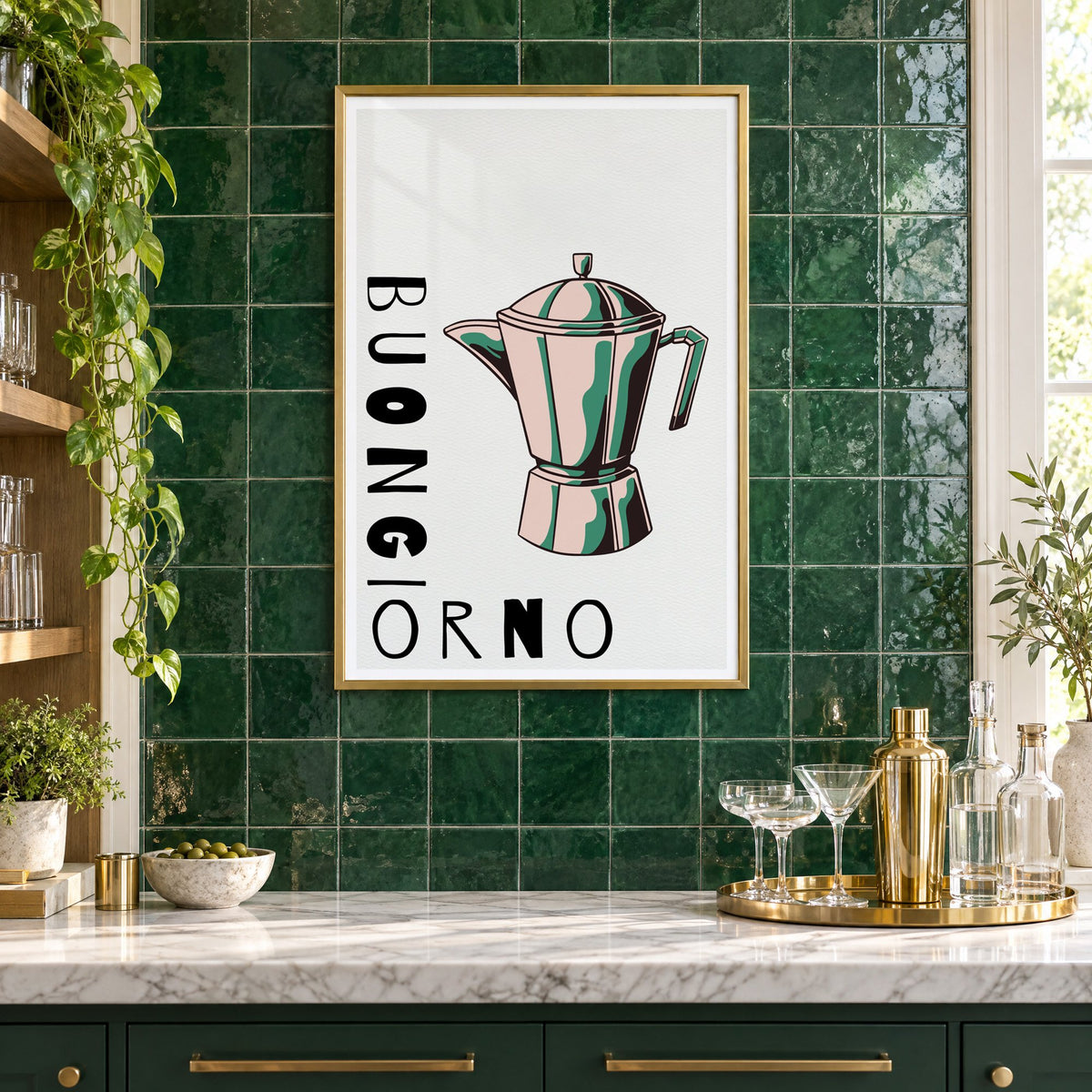 BUONGIORNO moka pot pop art print in a brass frame on emerald green tiles above a home bar with coupe glasses