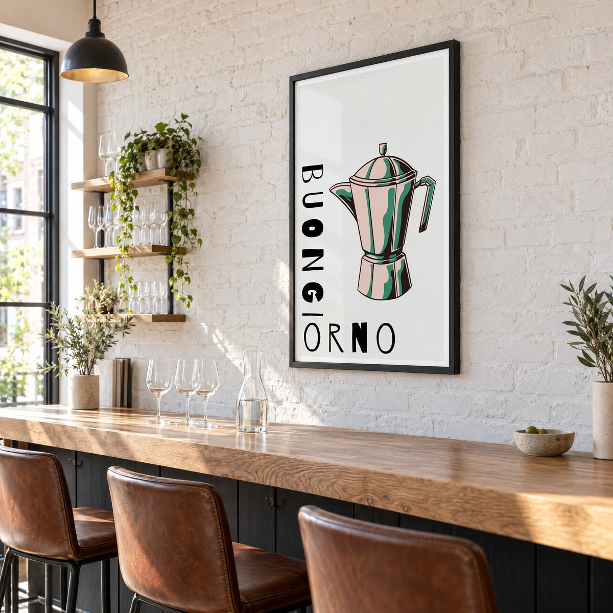 BUONGIORNO moka pot pop art print in a black frame on a white brick wall above a wine bar counter
