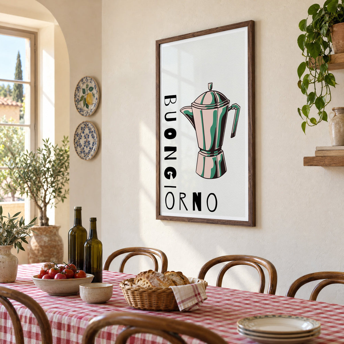 BUONGIORNO moka pot pop art print in a walnut frame above a gingham-covered trattoria table, seen at an angle