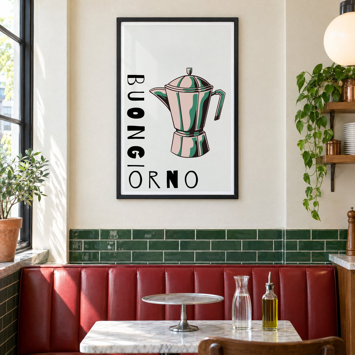 BUONGIORNO moka pot pop art print in a black frame above a red leather booth in a sunny pizzeria