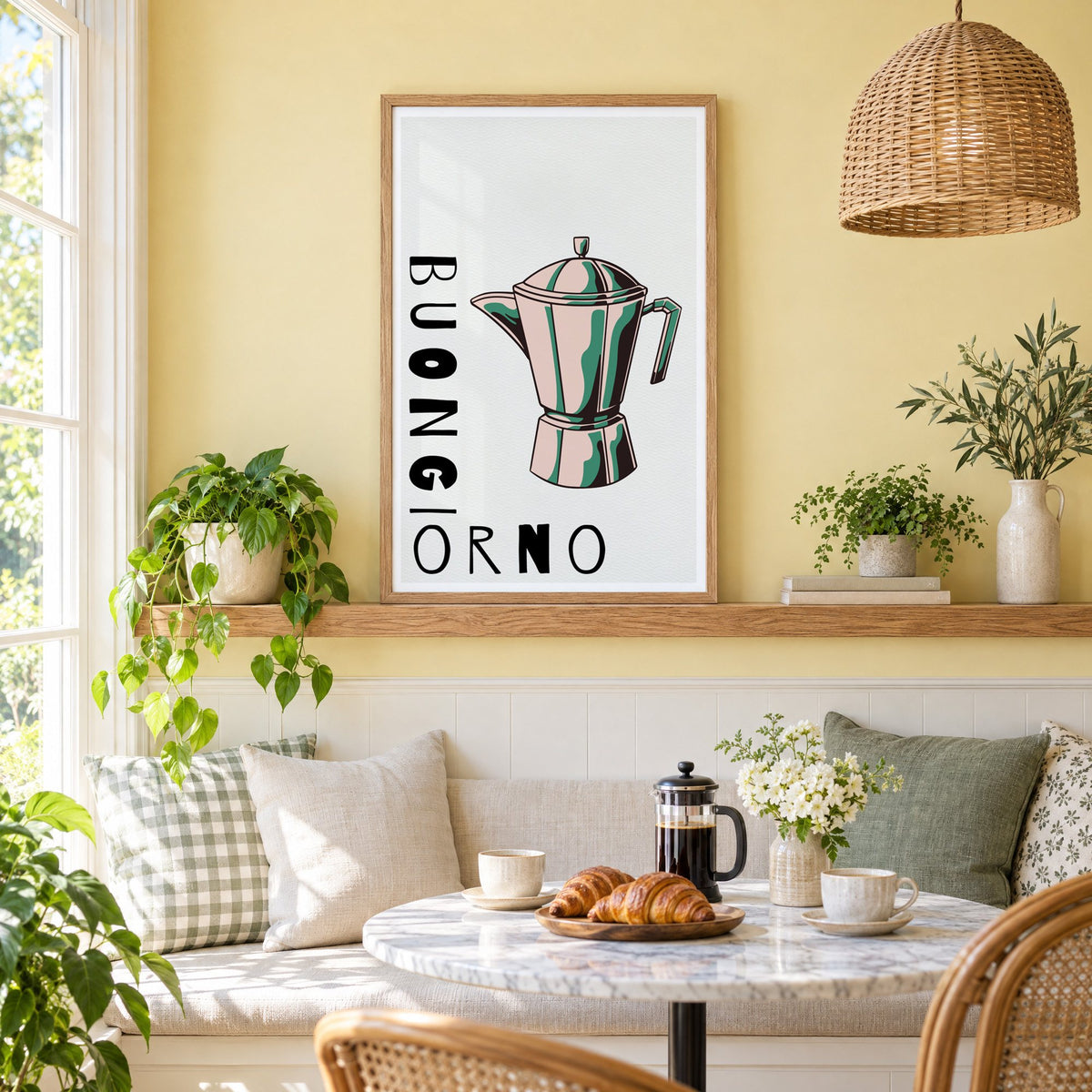 BUONGIORNO moka pot pop art print in an oak frame on a picture ledge above a sunny breakfast nook