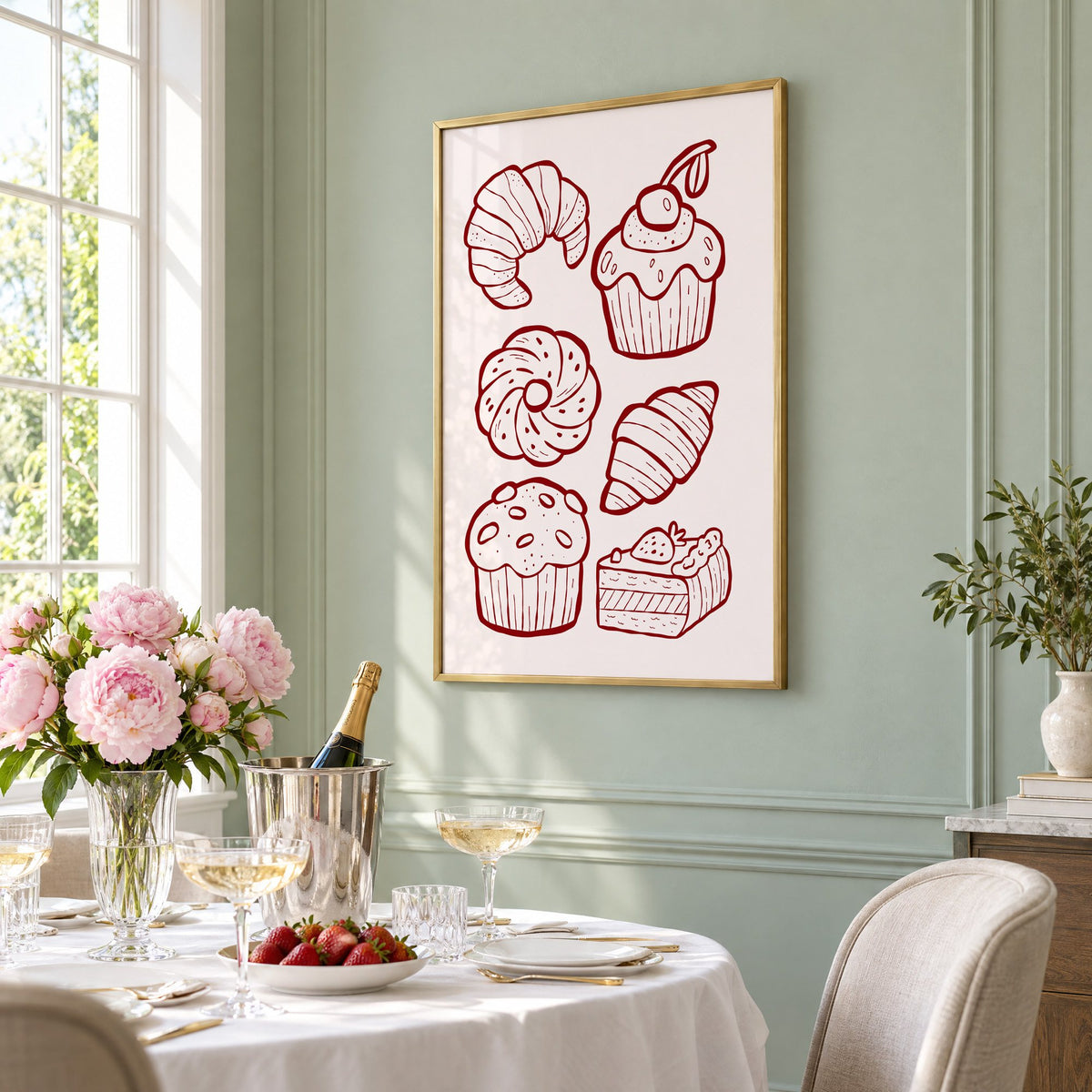 Burgundy line croissants and cupcake pastries print in a brass frame on a sage wall above a brunch table with champagne and peonies, seen at an angle