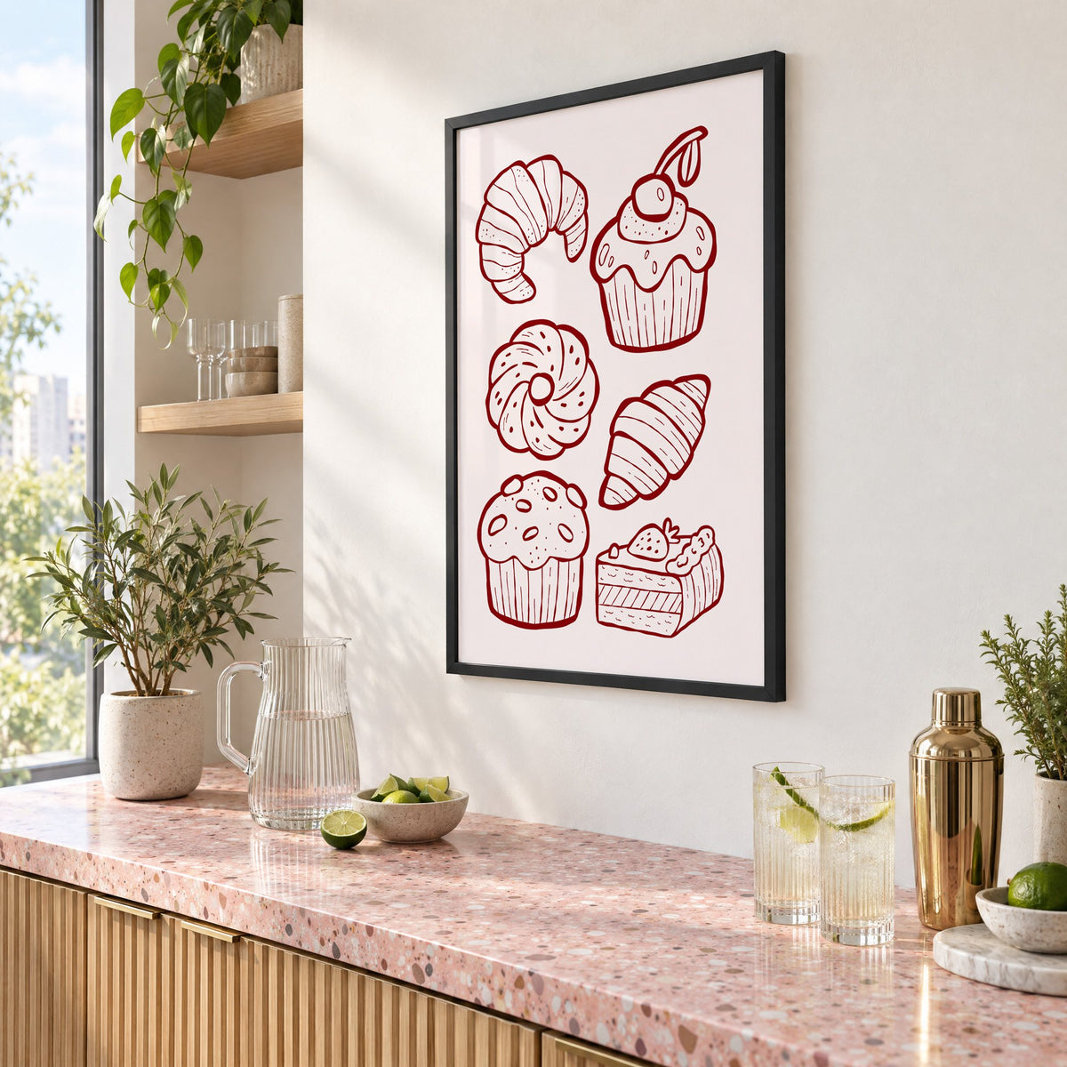 Burgundy line croissants and cupcake pastries print in a black frame above a pink terrazzo cocktail counter with limes, seen at an angle