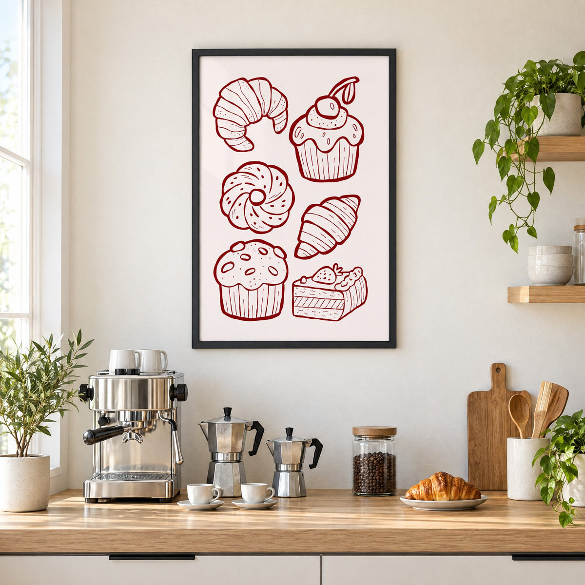 Burgundy line croissants and cupcake pastries print in a black frame above a home espresso bar with moka pots and espresso cups