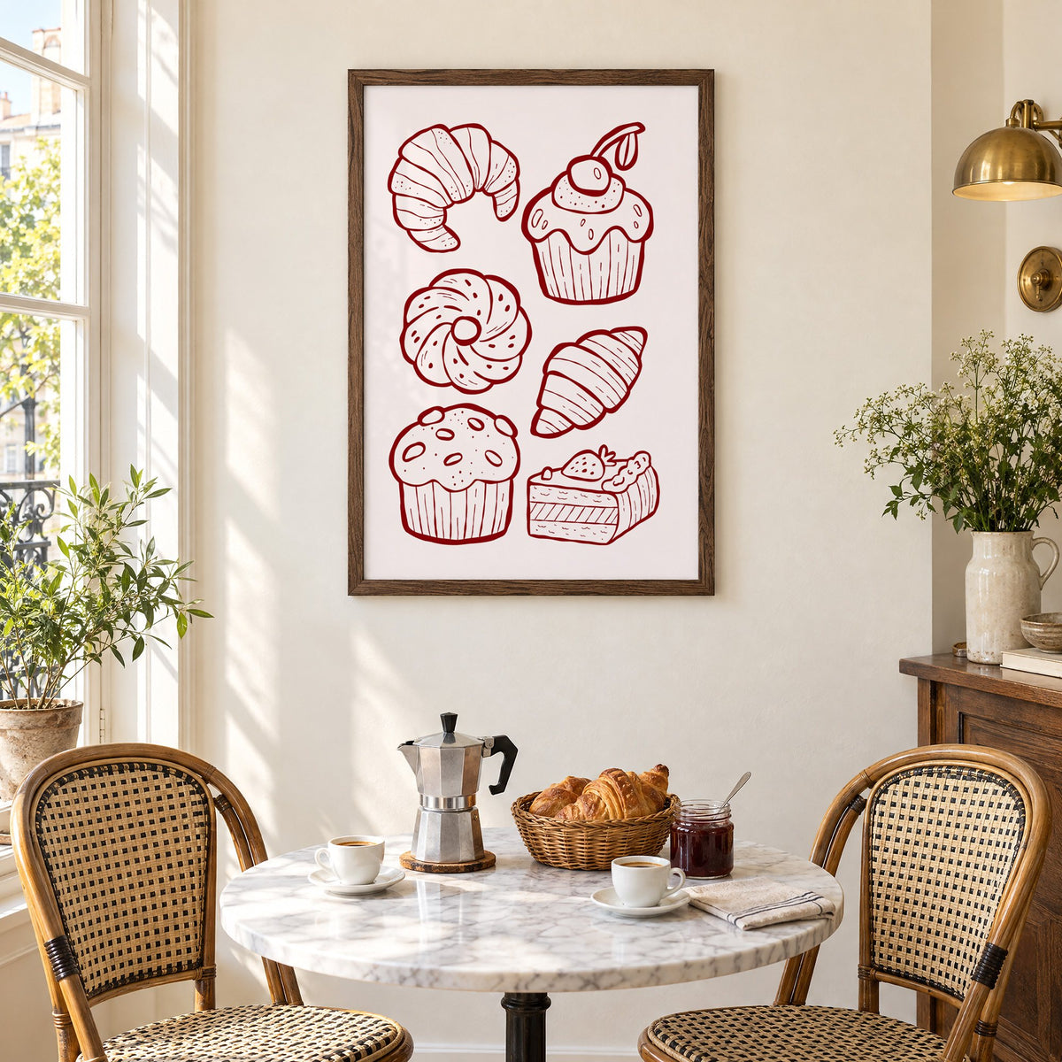 Burgundy line croissants and cupcake pastries print in a walnut frame above a marble bistro table with croissants and rattan chairs