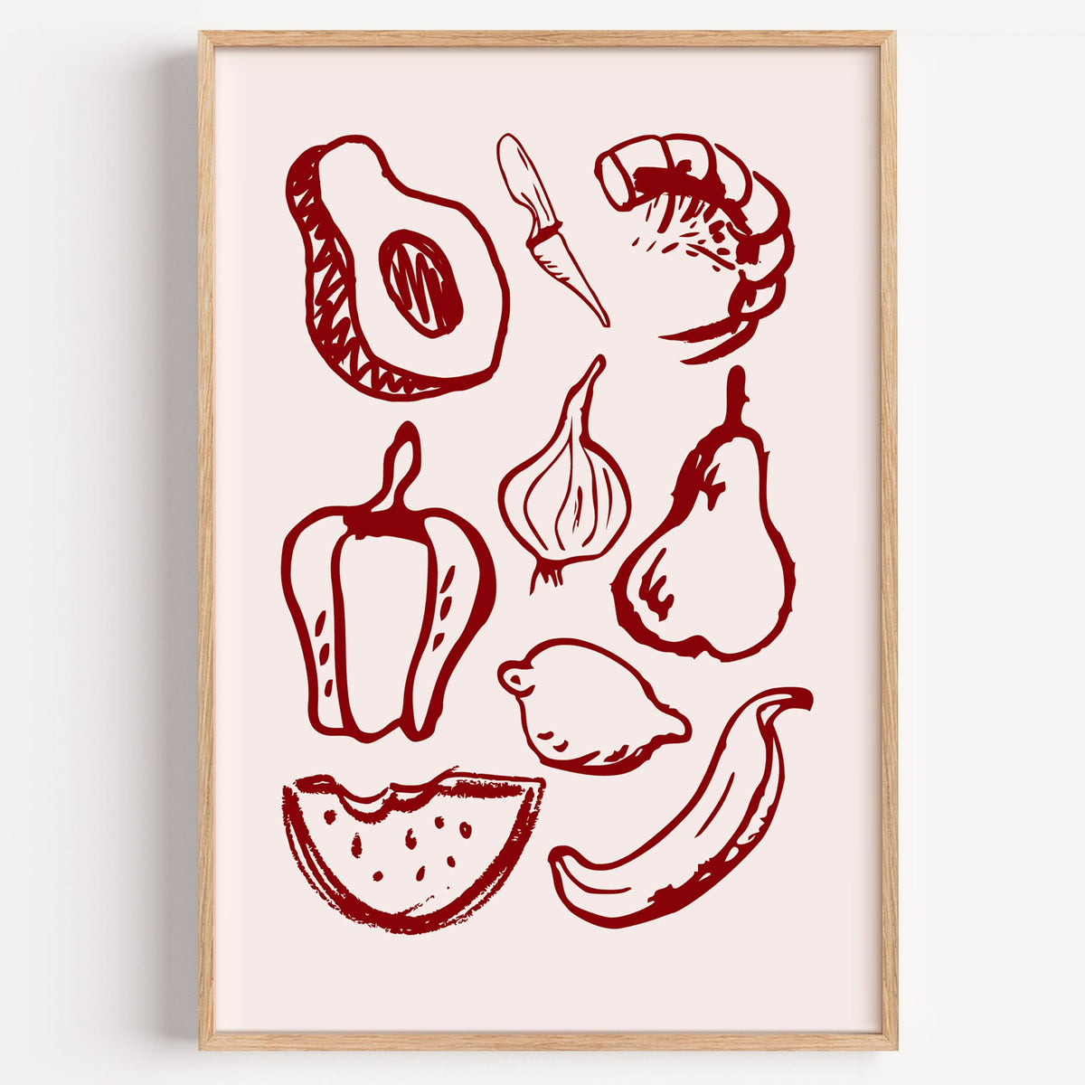 Burgundy line vegetables and fruit sketch print in a light oak frame on a plain white wall