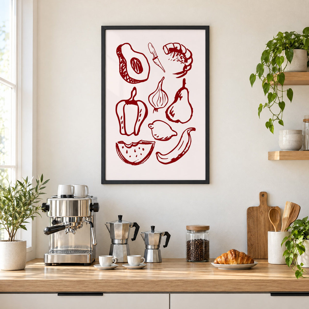 Burgundy line vegetables and fruit sketch print in a black frame above a home espresso bar with moka pots and espresso cups