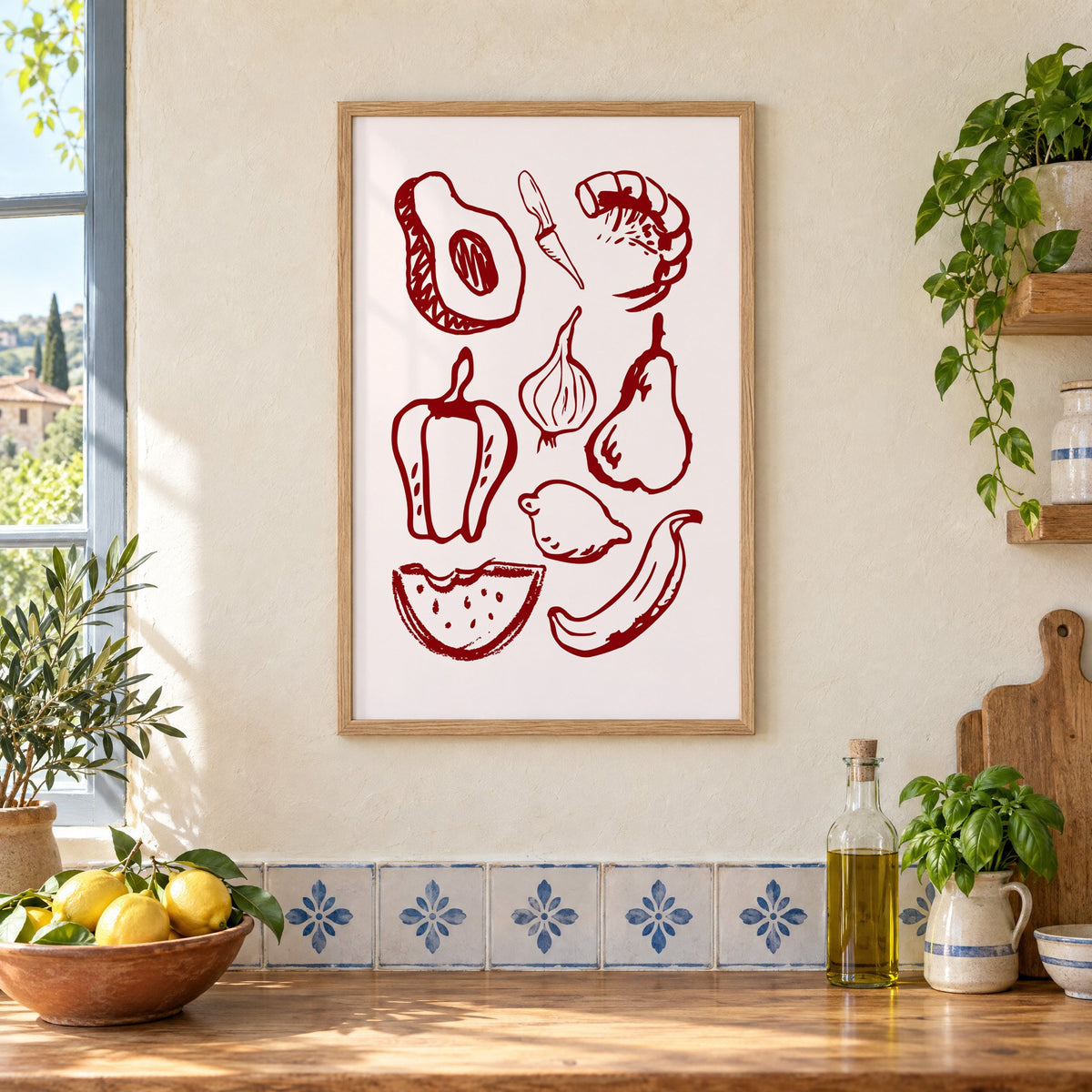 Burgundy line vegetables and fruit sketch print in an oak frame on a cream plaster wall above a worktop with a bowl of lemons and blue-and-white tiles