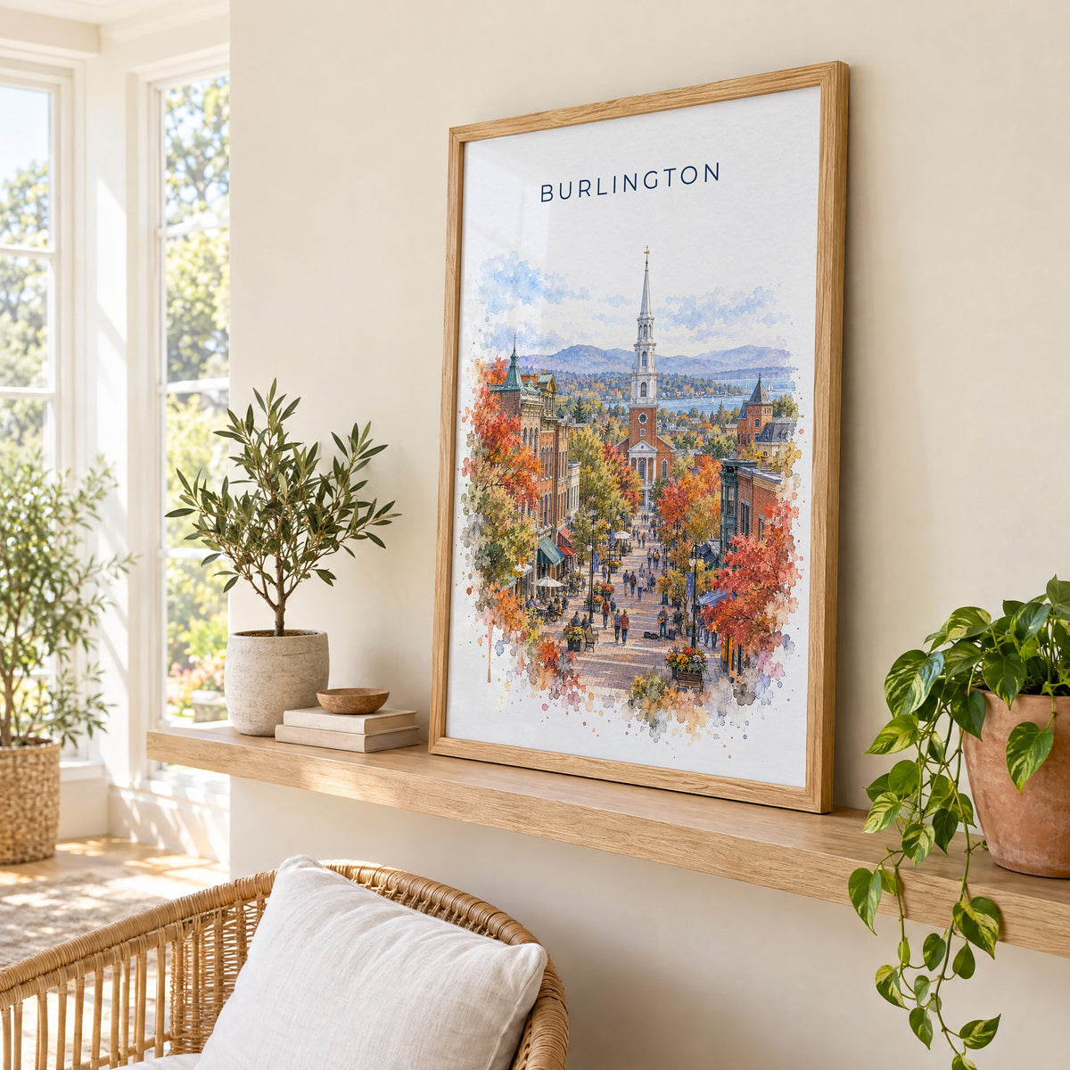 Burlington, Vermont watercolor print in an oak frame on a picture ledge in a sunlit sunroom