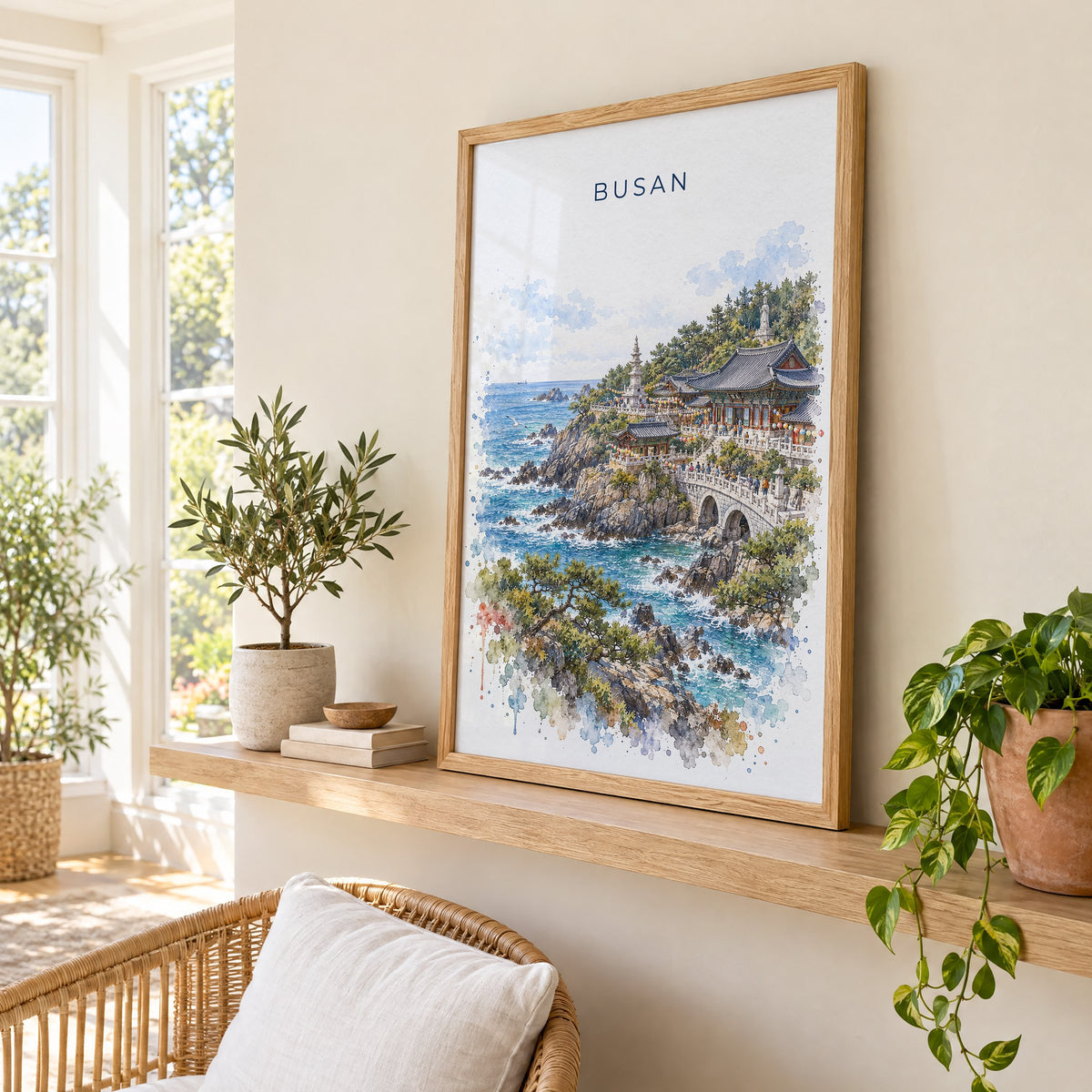 Busan watercolor print in an oak frame on a picture ledge in a sunlit sunroom