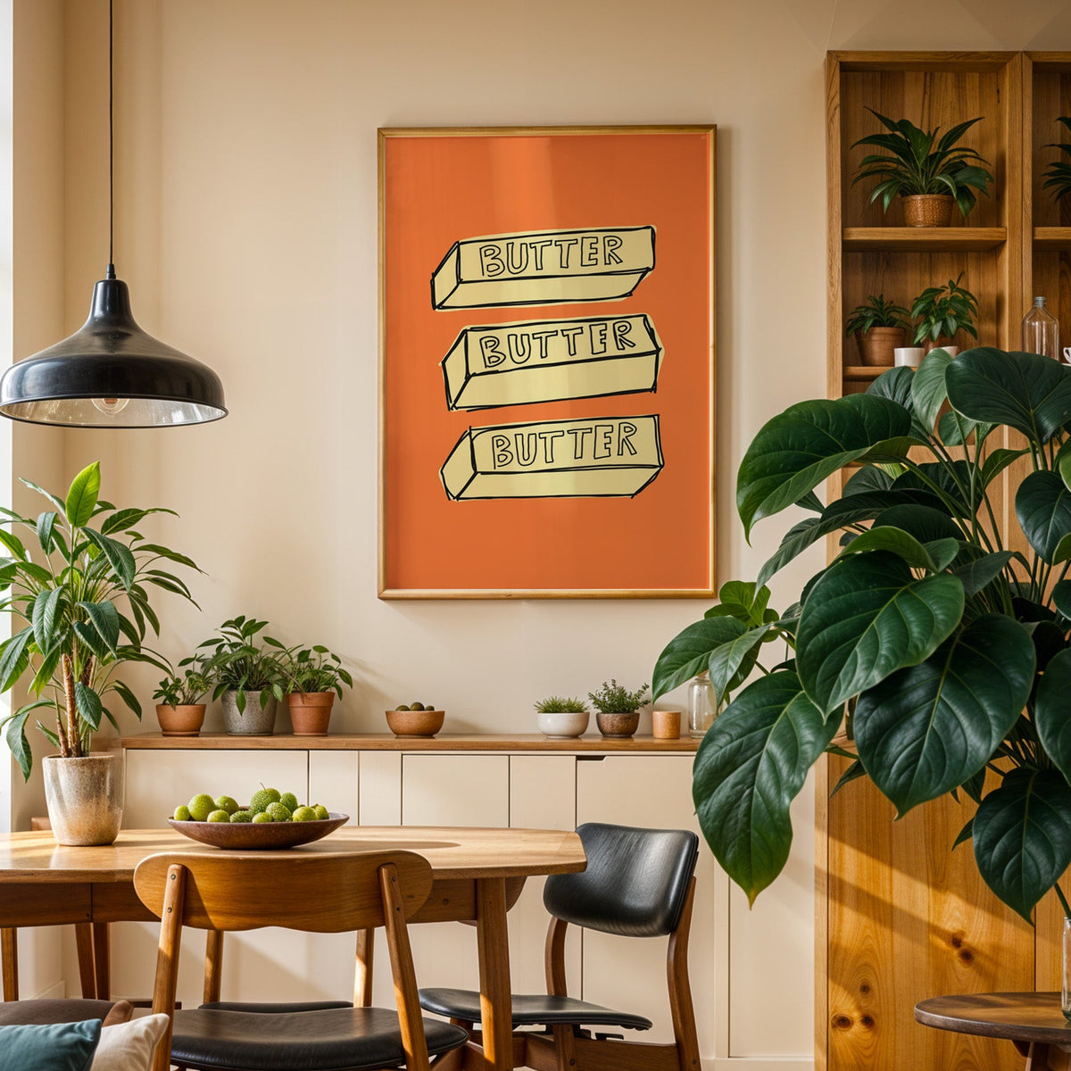 Butter blocks print in an oak frame above a sideboard in a plant-filled dining room