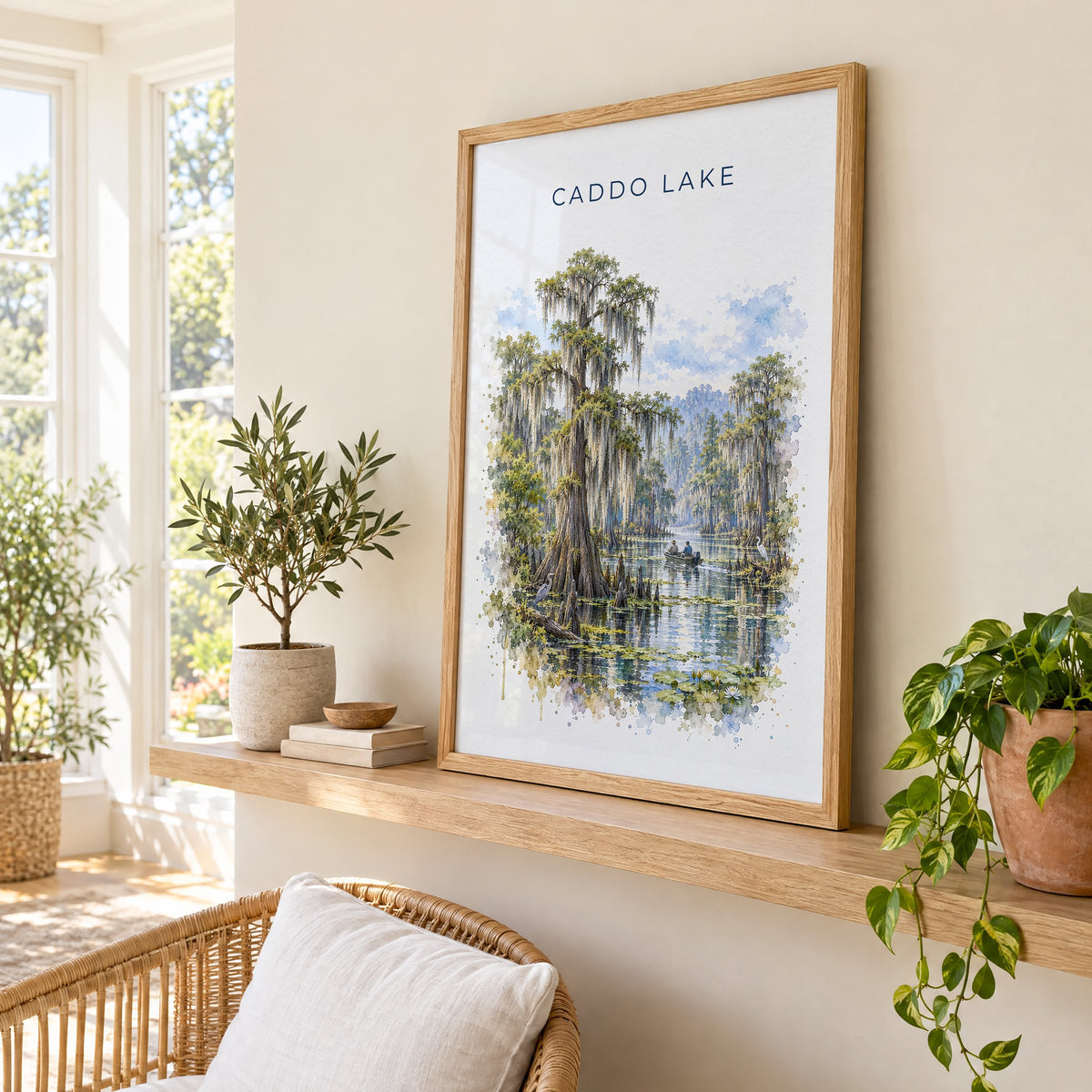 Caddo Lake watercolor print in an oak frame on a picture ledge in a sunlit sunroom