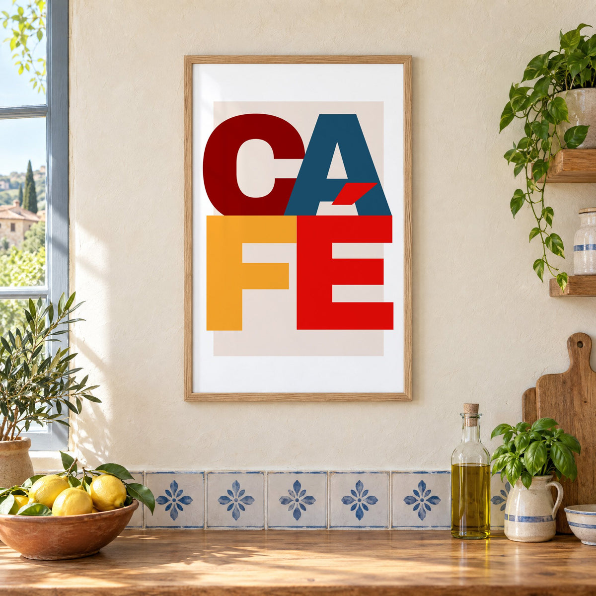 CA FÉ color block letters print in an oak frame on a cream plaster wall above a worktop with a bowl of lemons and blue-and-white tiles