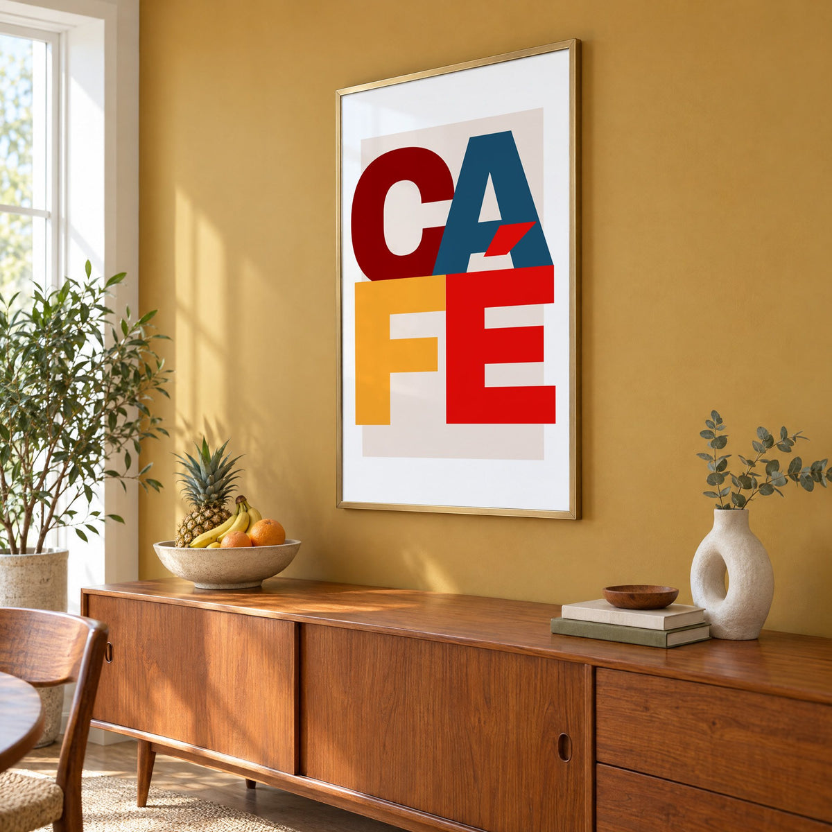 CA FÉ color block letters print in a brass frame on a mustard wall above a teak sideboard with a fruit bowl, seen at an angle
