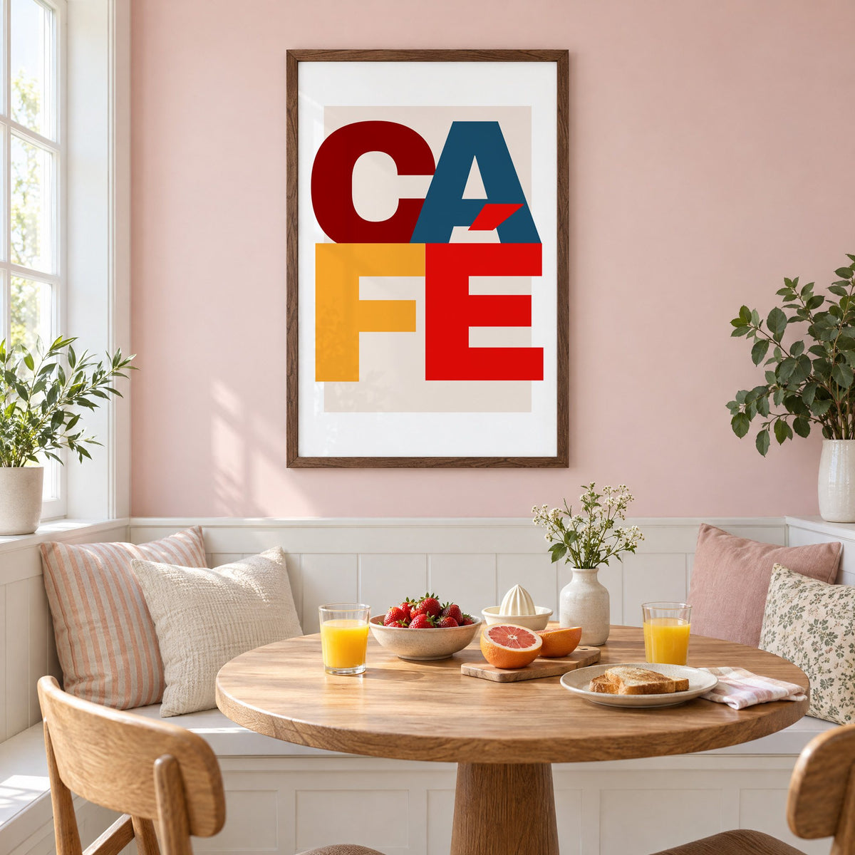 CA FÉ color block letters print in a walnut frame on a pastel pink wall above a breakfast nook with strawberries and orange juice