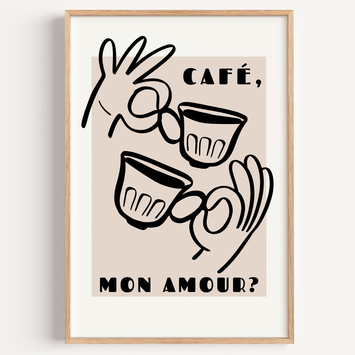 Café mon amour black line print in a light oak frame on a plain white wall