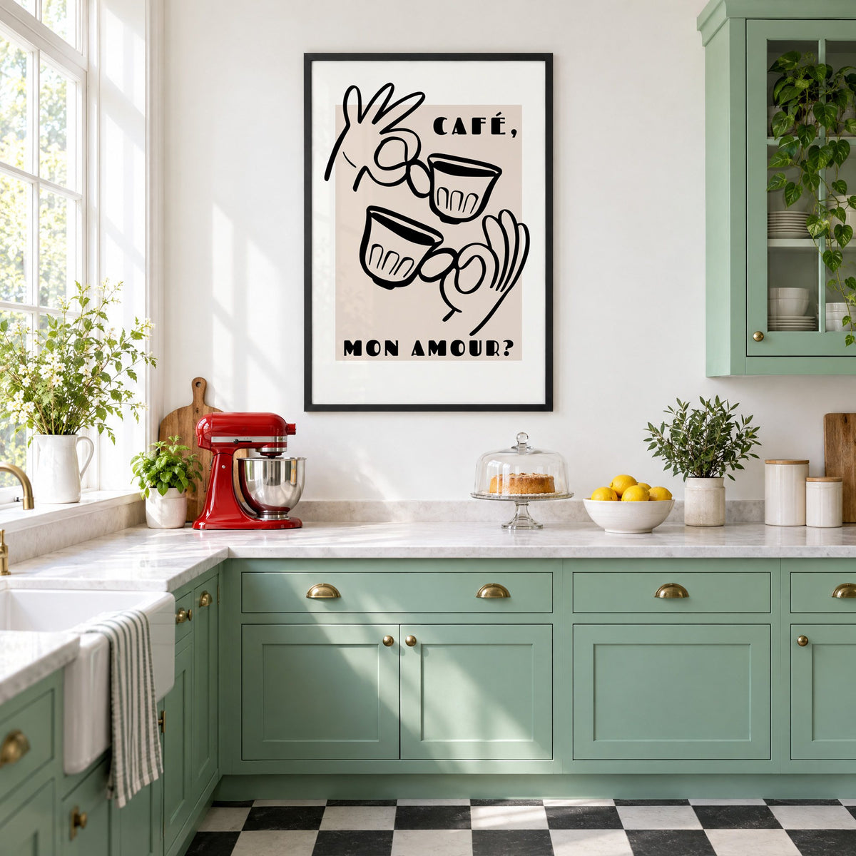 Café mon amour black line print in a black frame in a mint green retro kitchen above a red stand mixer