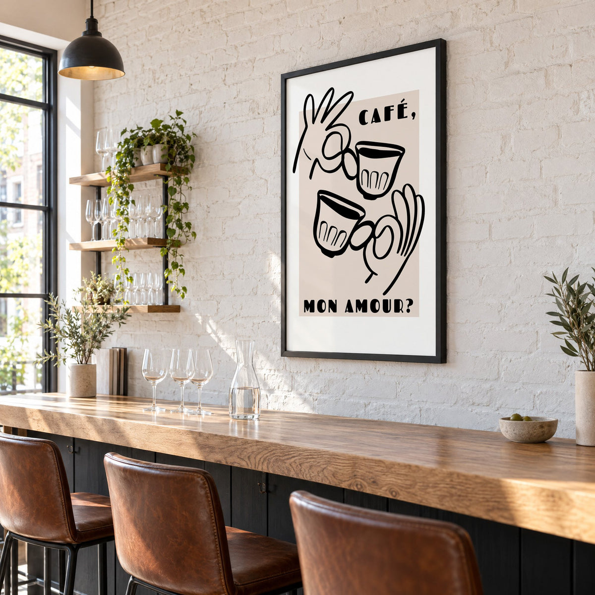 Café mon amour black line print in a black frame on a white brick wall above a wine bar counter