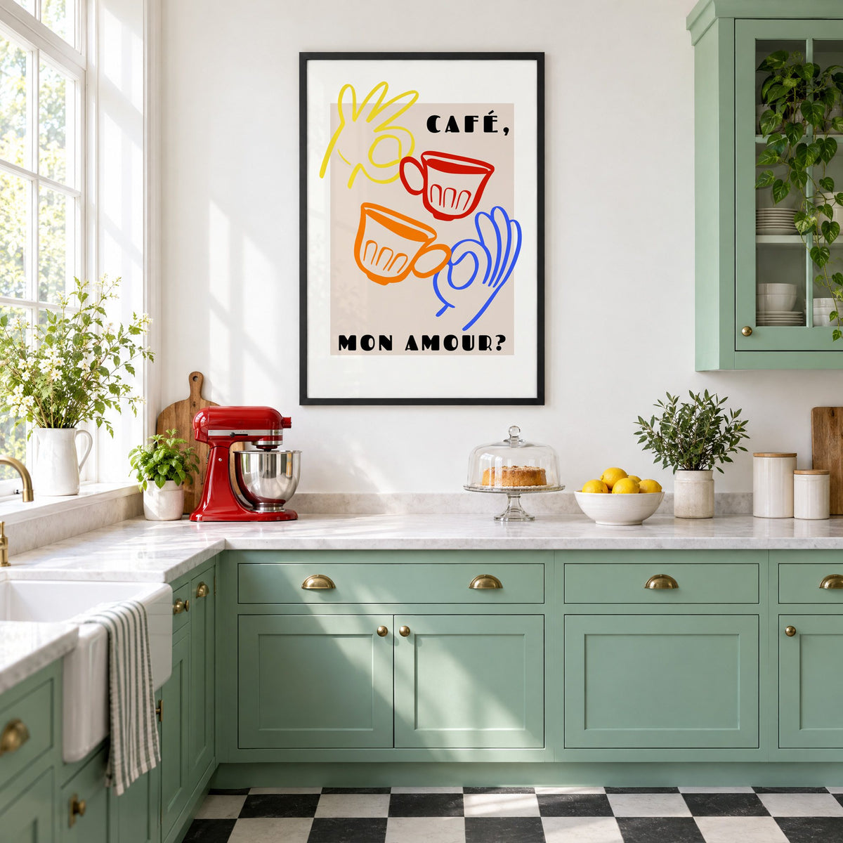 Café mon amour yellow hand beige print in a black frame in a mint green retro kitchen above a red stand mixer