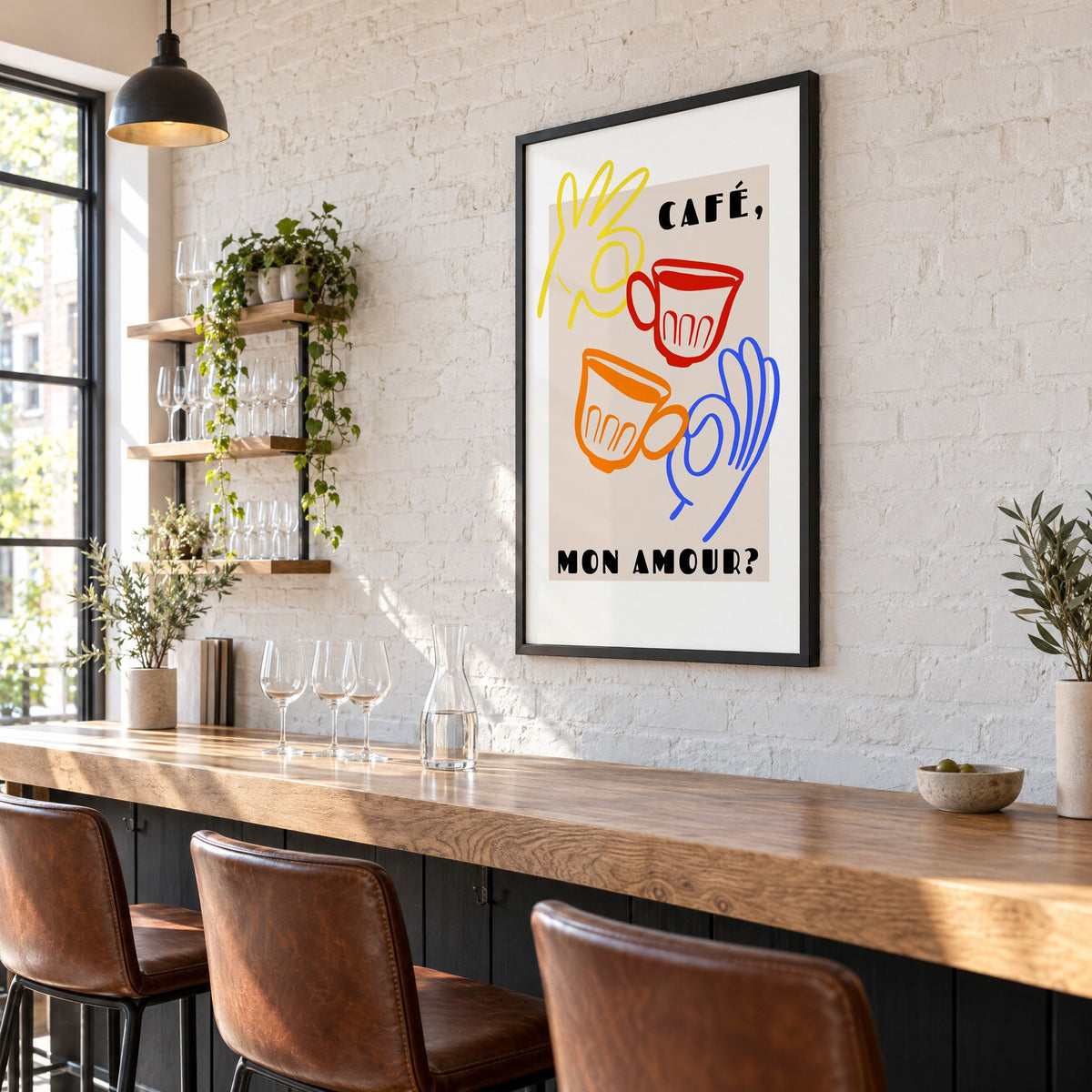 Café mon amour yellow hand beige print in a black frame on a white brick wall above a wine bar counter