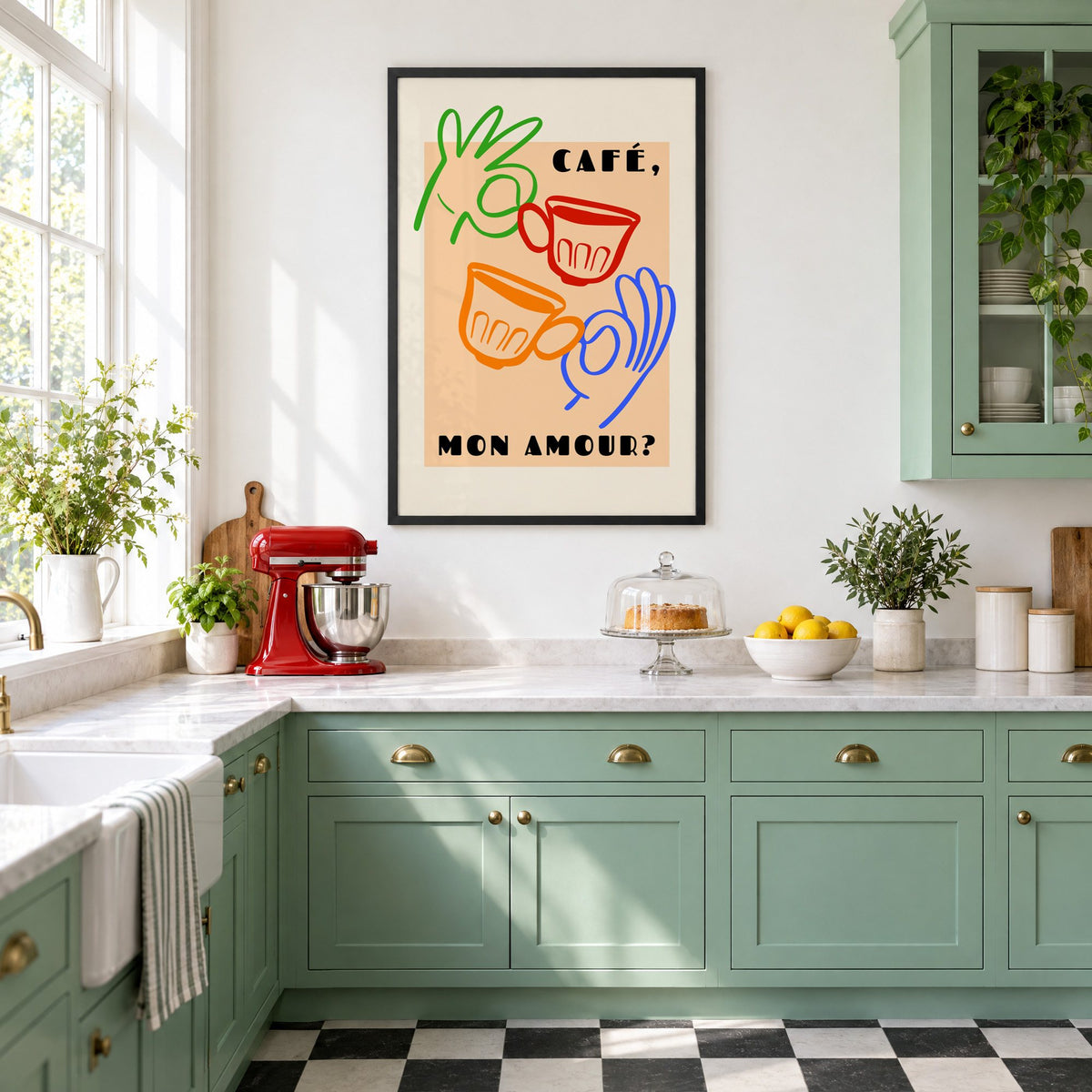 Café mon amour peach coffee cups print in a black frame in a mint green retro kitchen above a red stand mixer