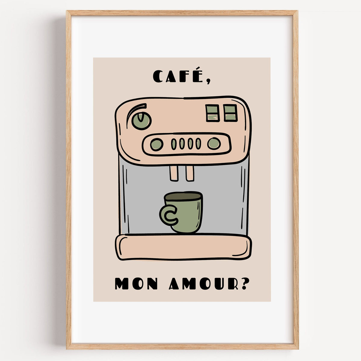 Café mon amour espresso machine print in a light oak frame on a plain white wall