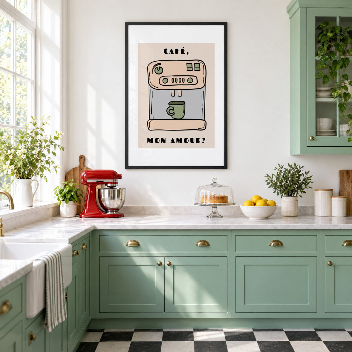 Café mon amour espresso machine print in a black frame in a mint green retro kitchen above a red stand mixer