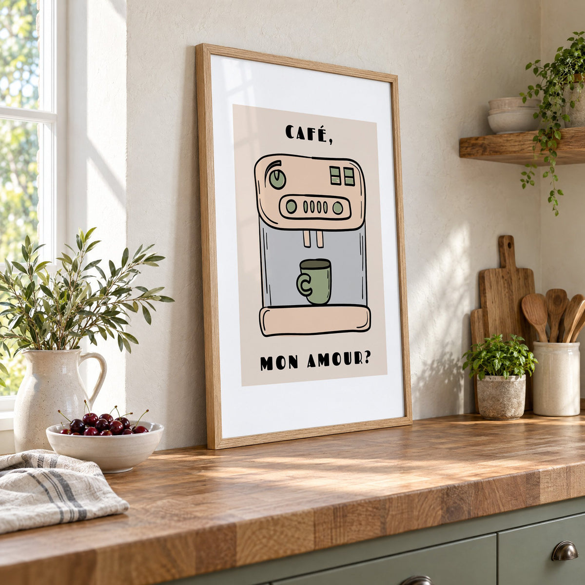 Café mon amour espresso machine print in an oak frame leaning on a butcher block island beside a bowl of cherries