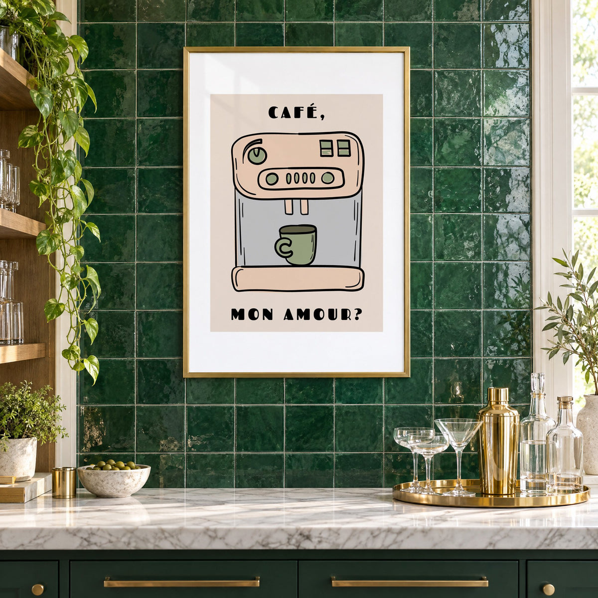 Café mon amour espresso machine print in a brass frame on emerald green tiles above a home bar with coupe glasses