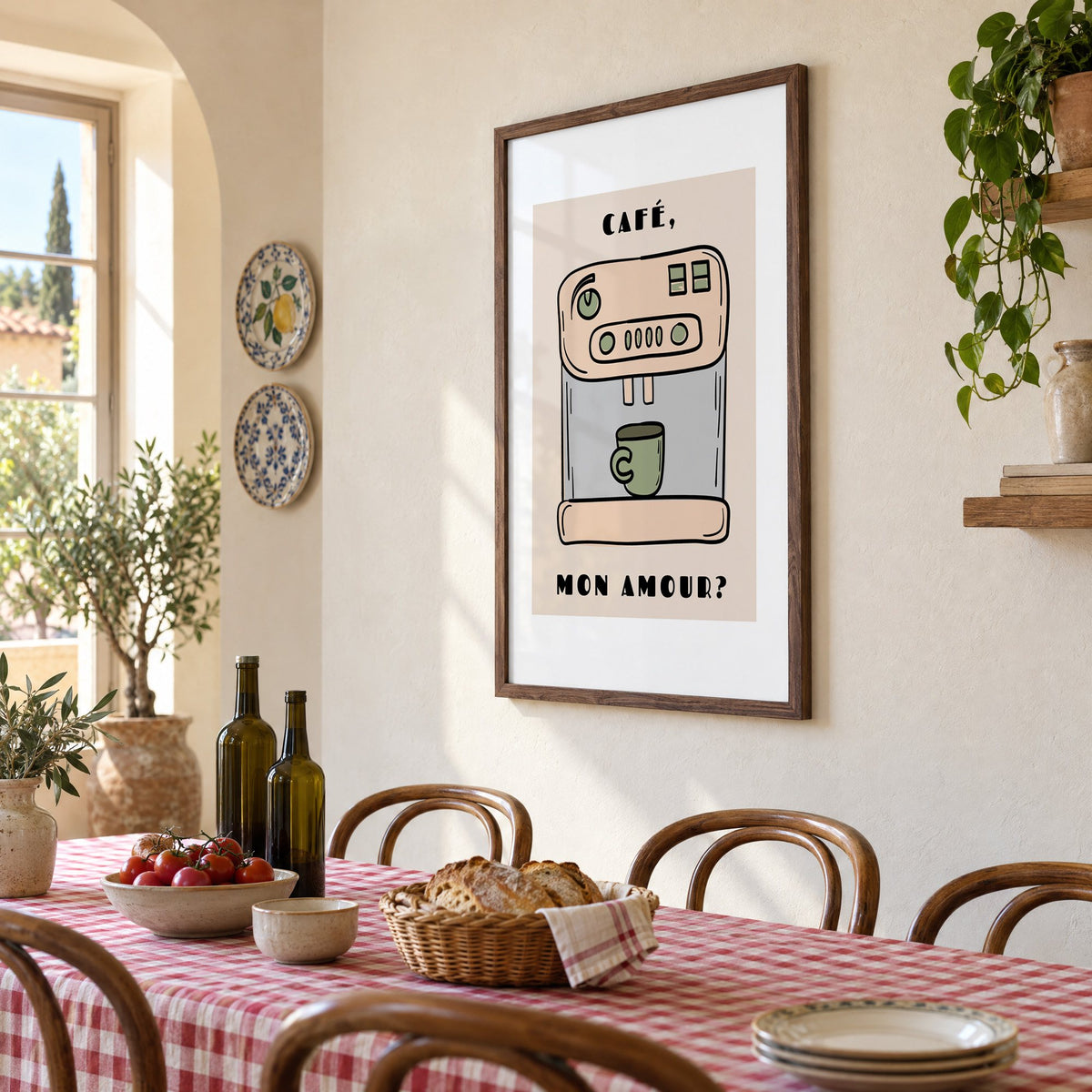 Café mon amour espresso machine print in a walnut frame above a gingham-covered trattoria table, seen at an angle
