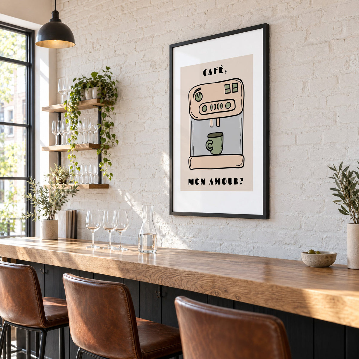Café mon amour espresso machine print in a black frame on a white brick wall above a wine bar counter