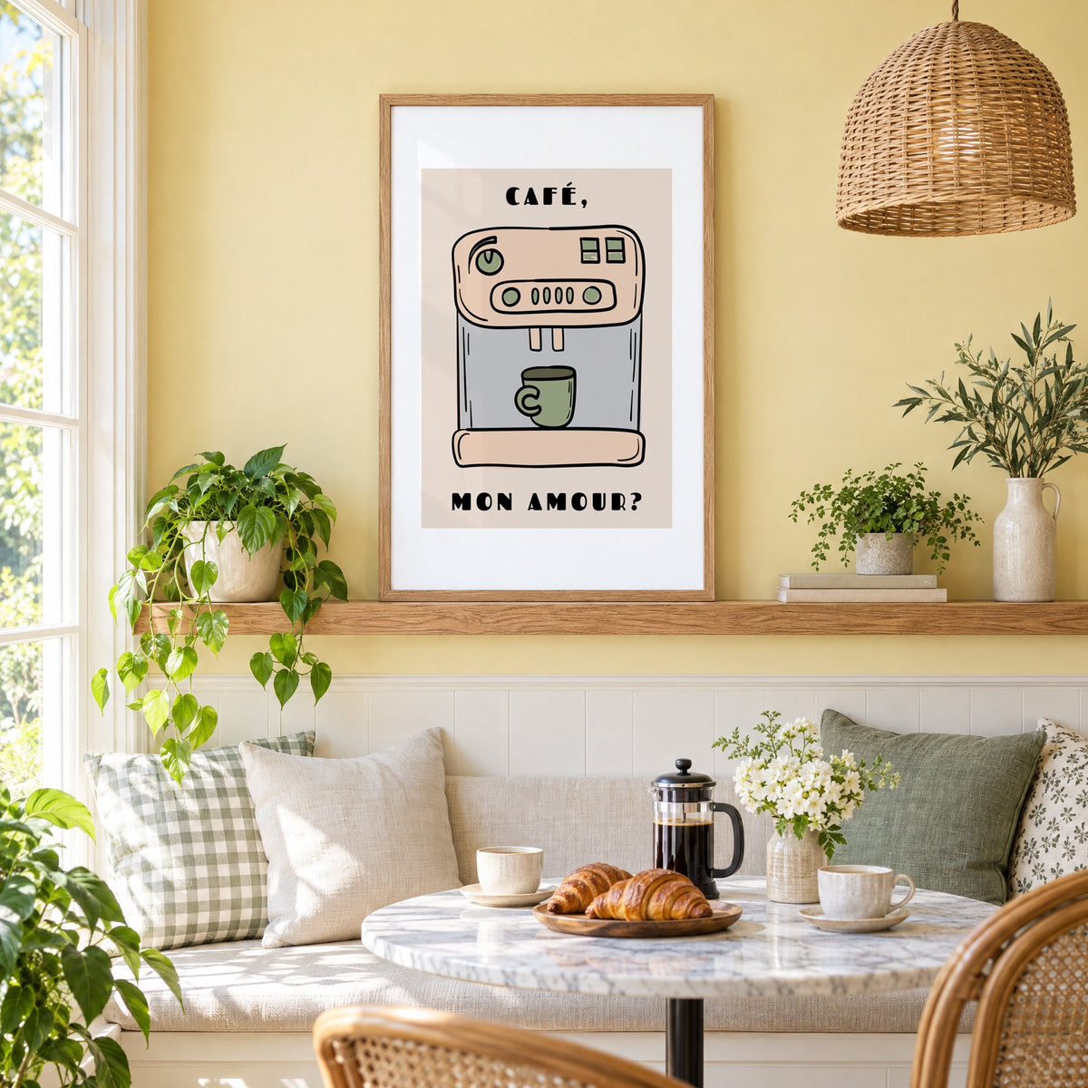 Café mon amour espresso machine print in an oak frame on a picture ledge above a sunny breakfast nook