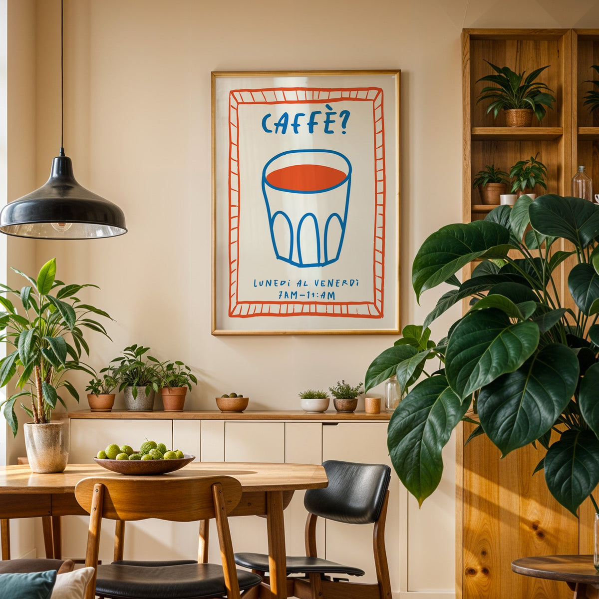 Caffe cobalt glass print in an oak frame above a sideboard in a dining room