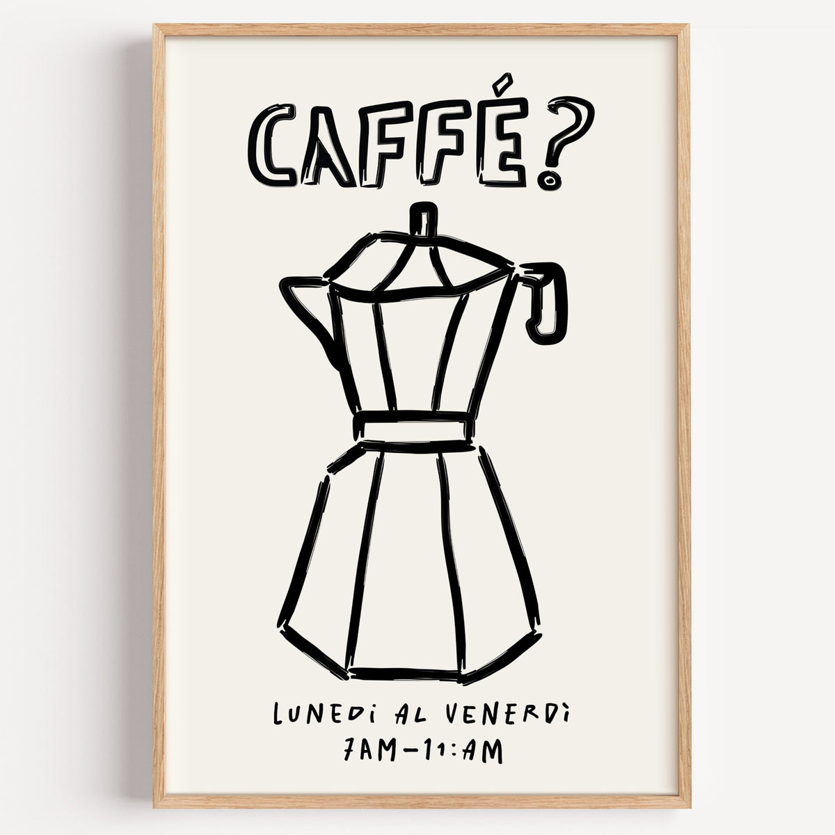 Black line moka pot print in a light oak frame on a plain white wall
