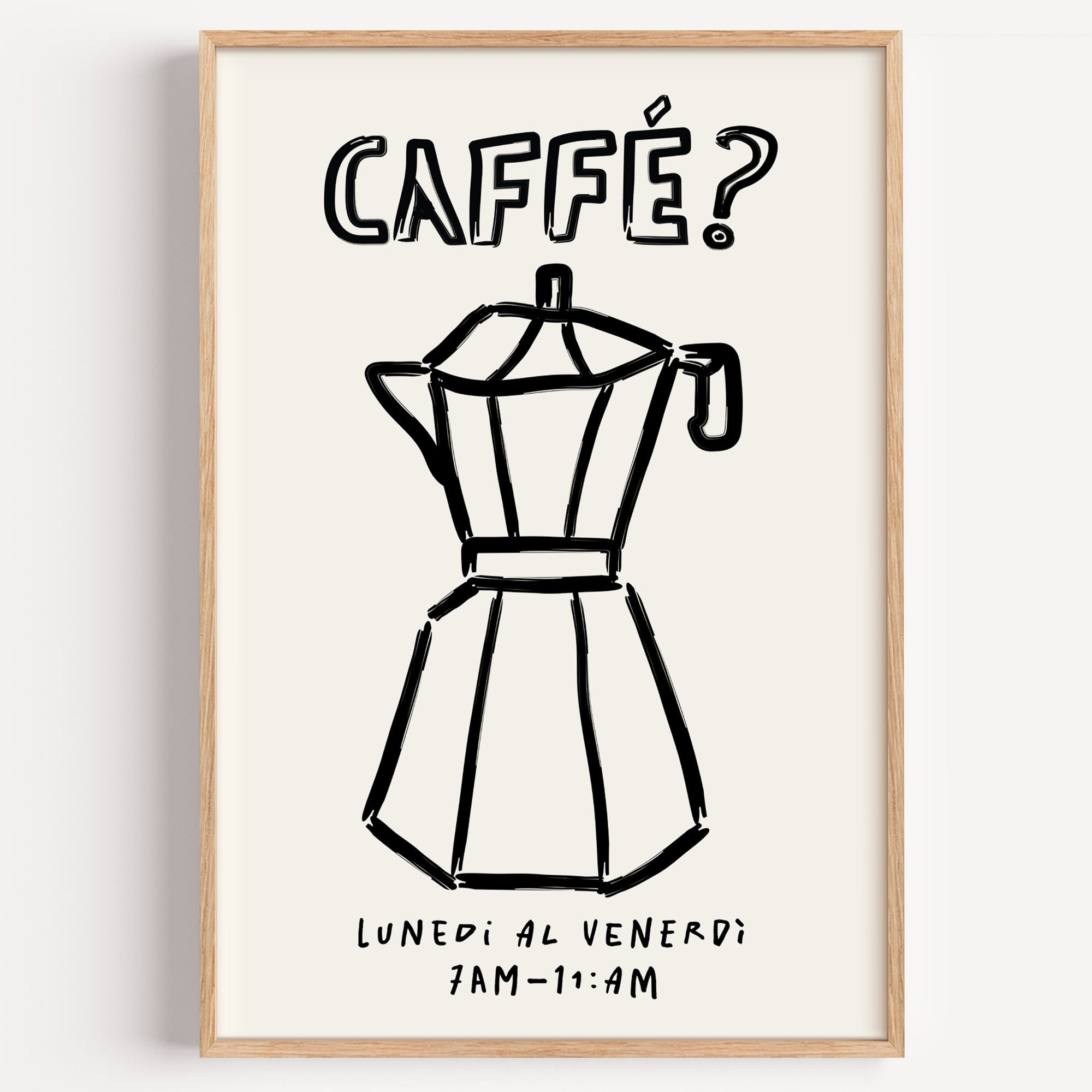 Black line moka pot print in a light oak frame on a plain white wall