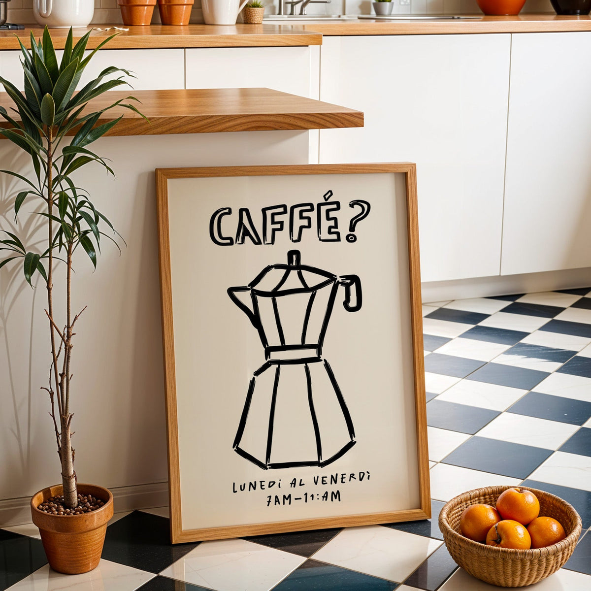Black line moka pot print in an oak frame by a kitchen island and checkered floor