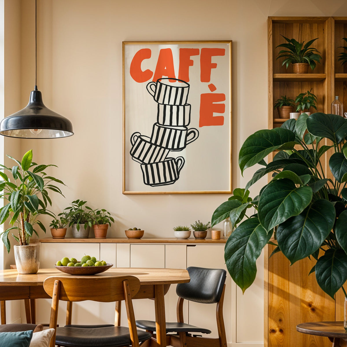 Stacked espresso cups print in an oak frame above a sideboard in a dining room