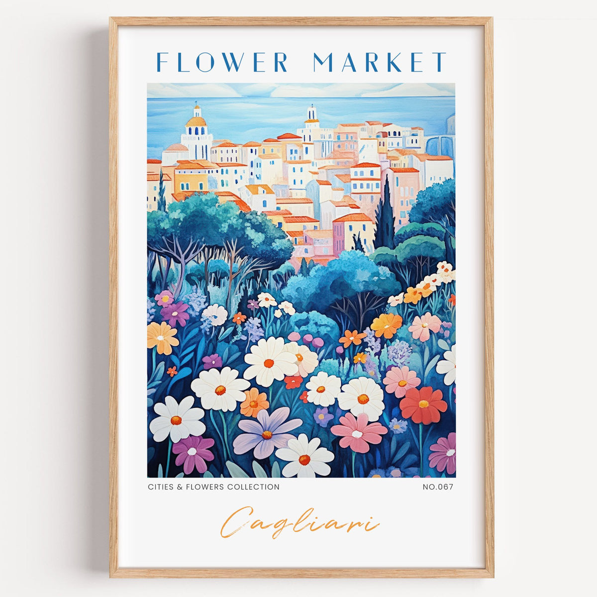Cagliari flower market print in a light oak frame on a plain white wall