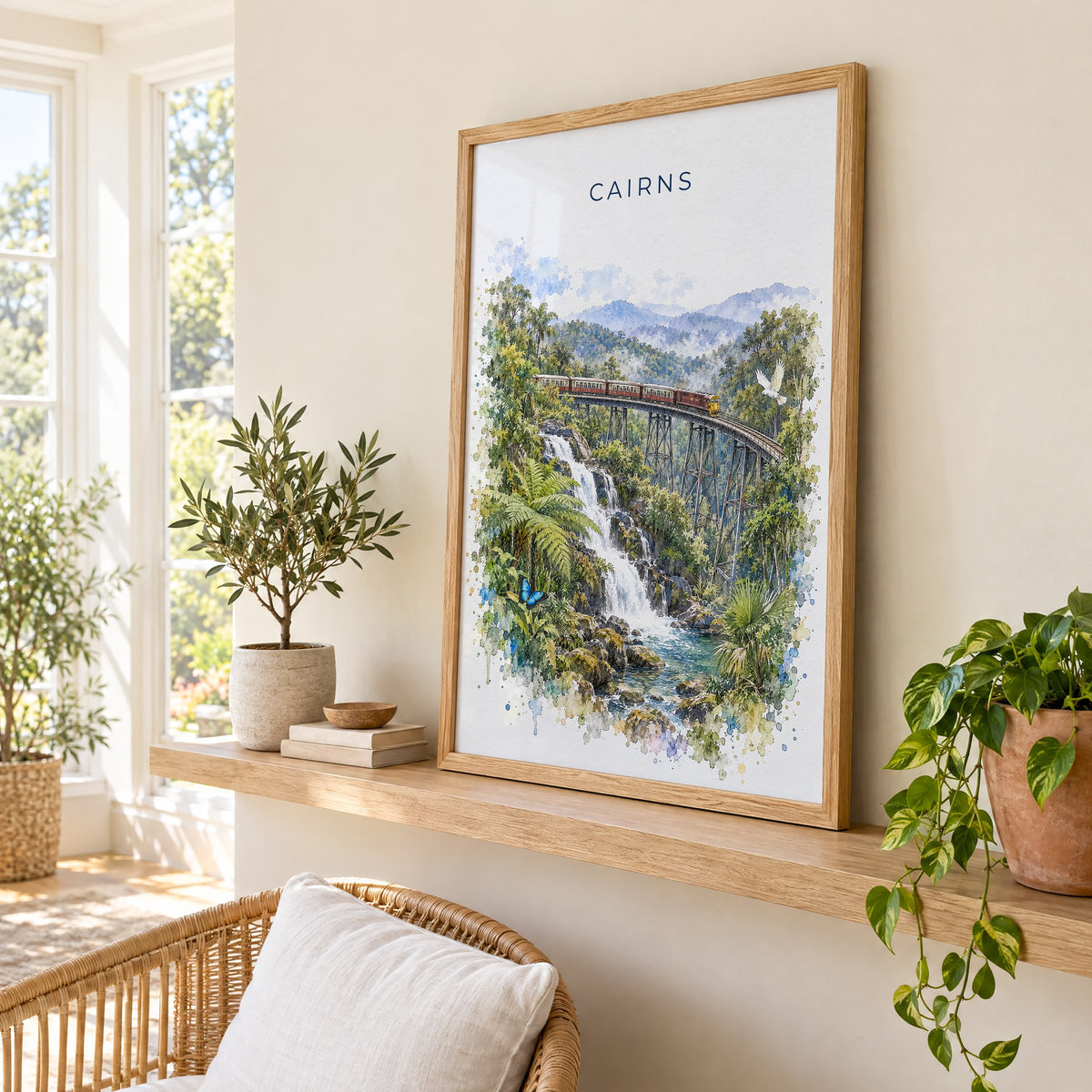Cairns, Australia watercolor print in an oak frame on a picture ledge in a sunlit sunroom