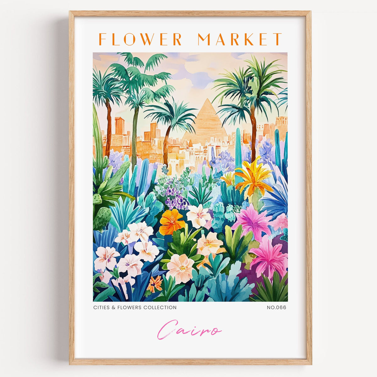 Cairo flower market print in a light oak frame on a plain white wall