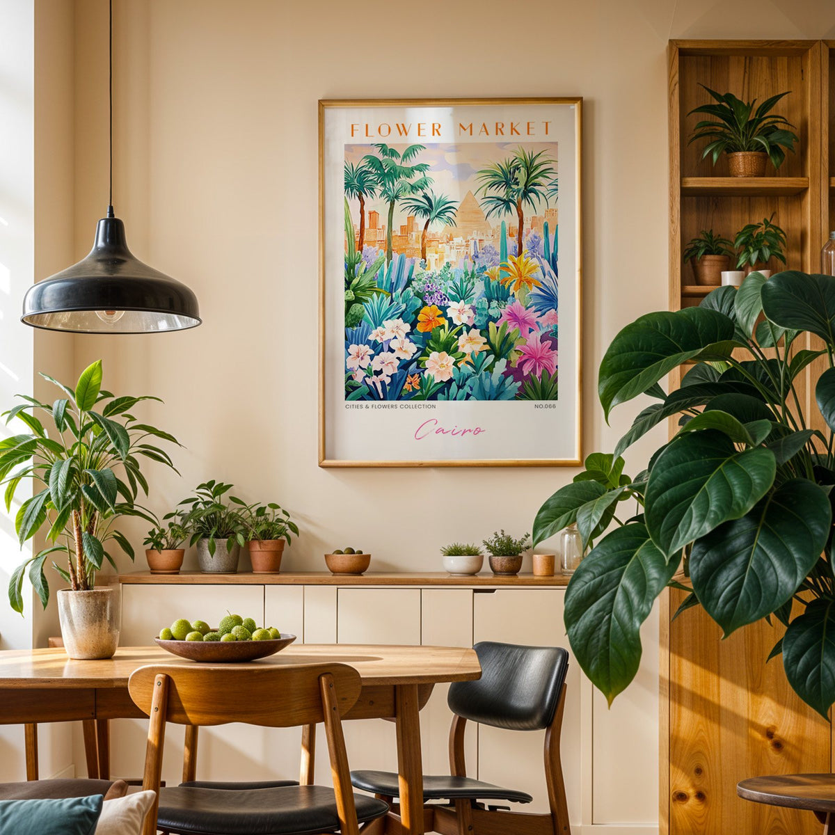 Cairo flower market print in an oak frame above a dining sideboard lined with potted plants