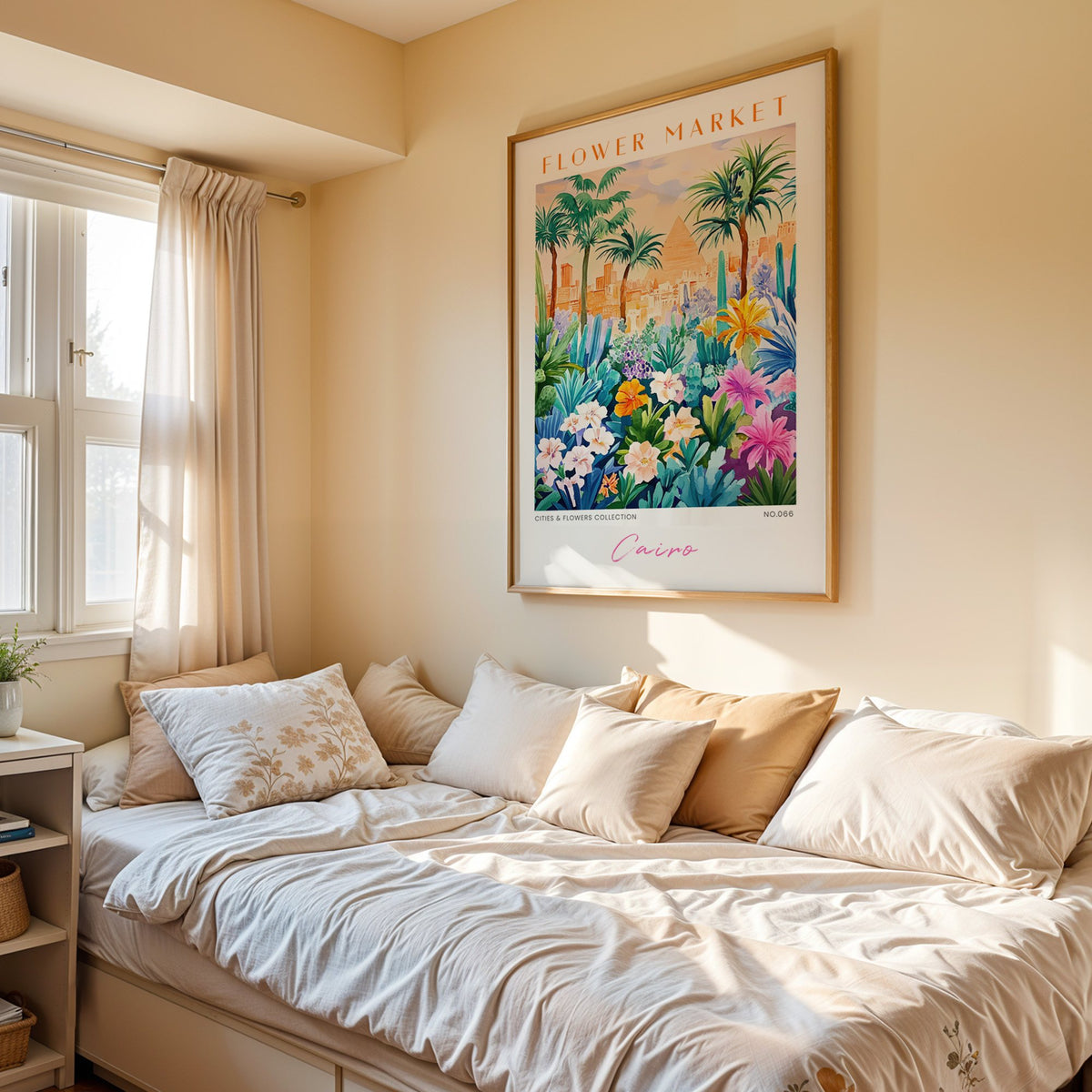 Cairo flower market print in an oak frame above a cream daybed in a sunny bedroom