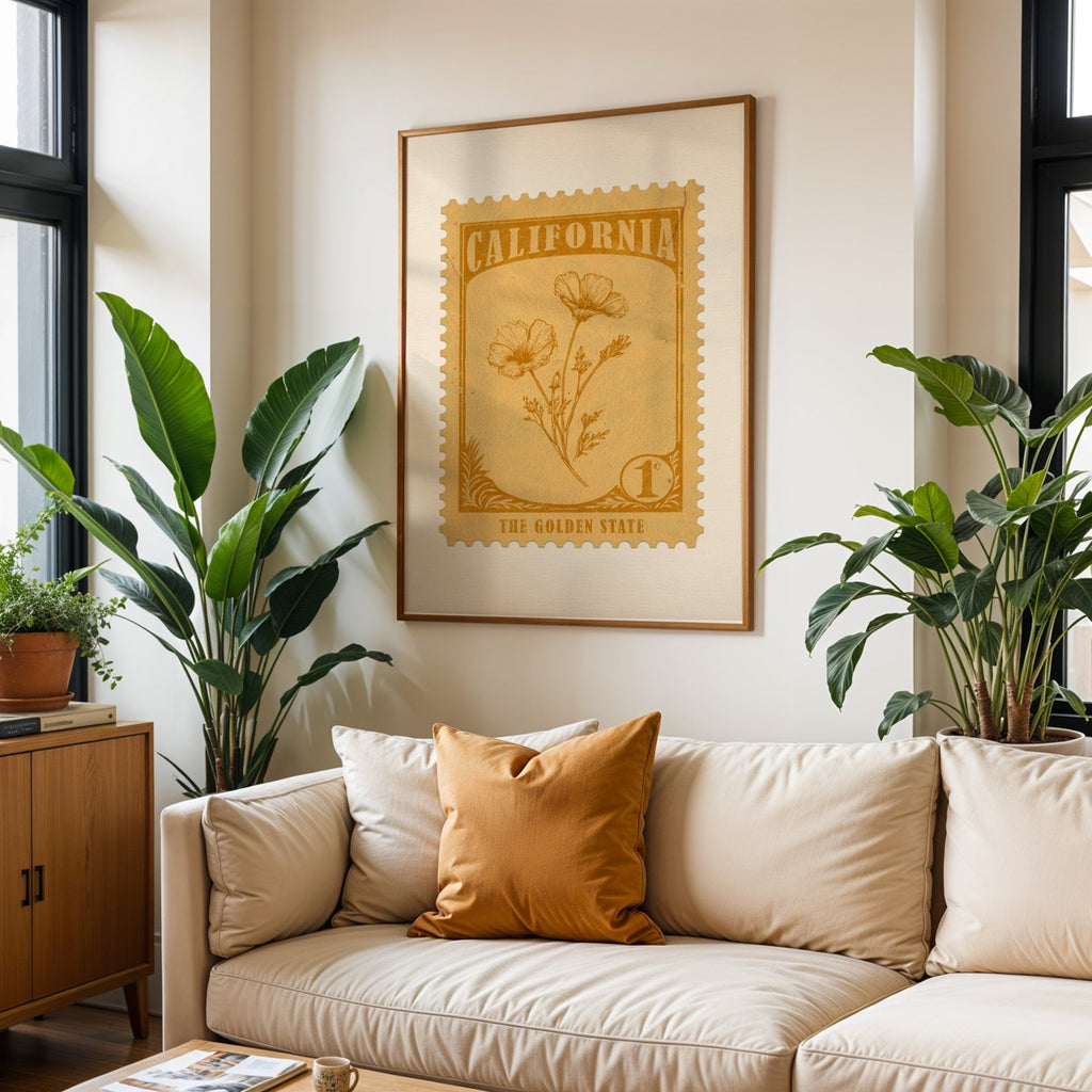 California state flower print framed above a cream sofa with an ochre cushion and large plants either side