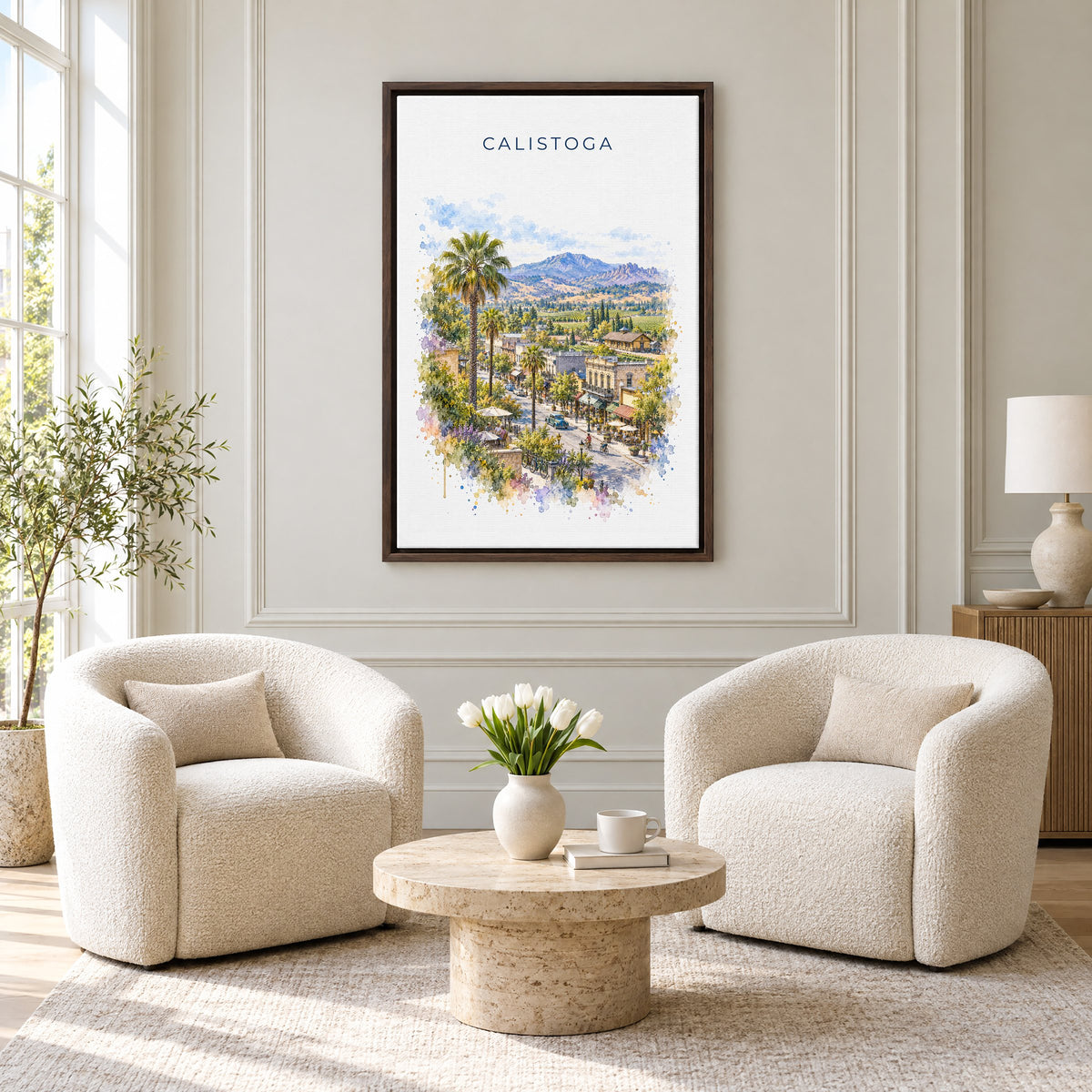 Calistoga, California watercolor print as an espresso floater canvas above two boucle armchairs in a hotel lounge