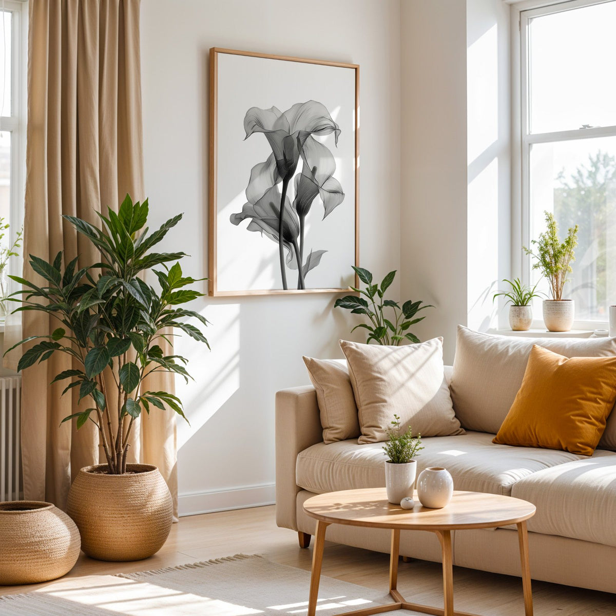 Translucent calla lily X-ray flowers print in an oak frame above a cream sofa beside woven planters