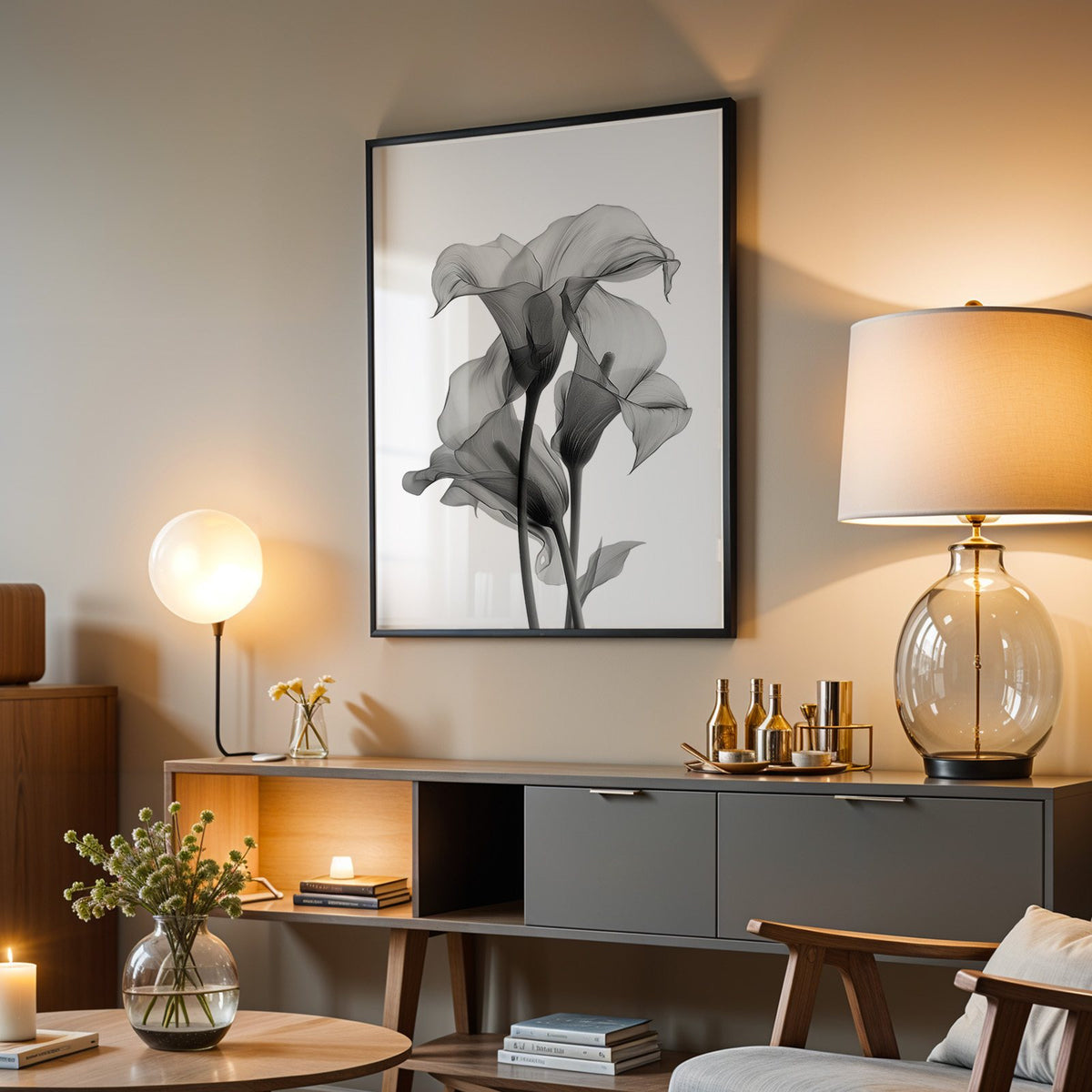 Translucent calla lily X-ray flowers print in a black frame above a grey media console with a glass table lamp