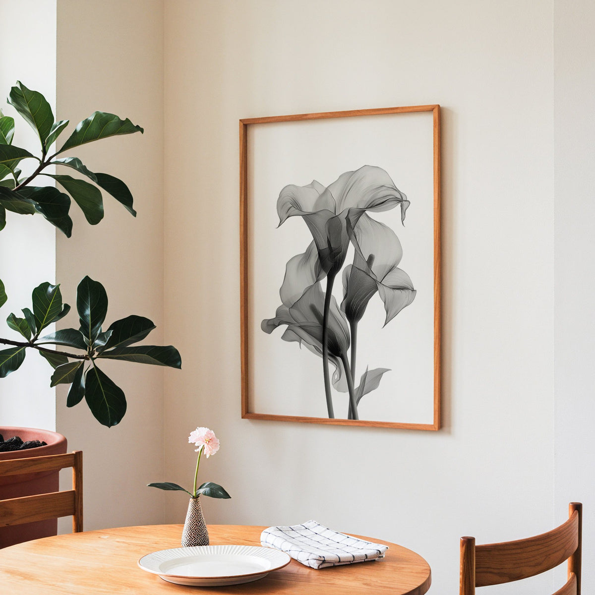 Translucent calla lily X-ray flowers print in a teak frame above a round wooden dining table