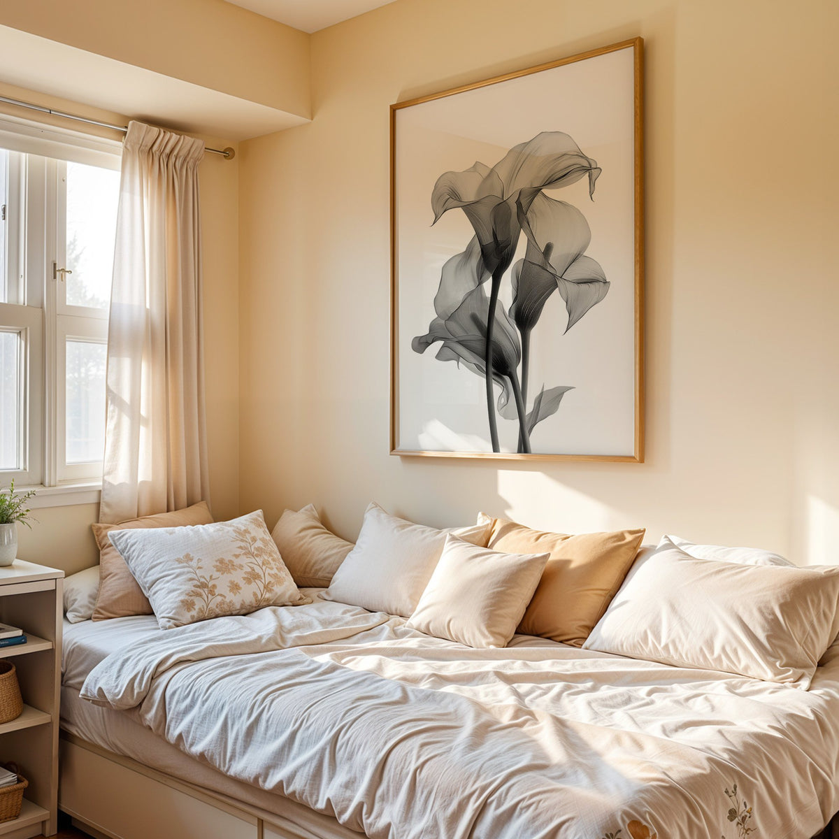 Translucent calla lily X-ray flowers print in an oak frame above a cream daybed in a sunny bedroom