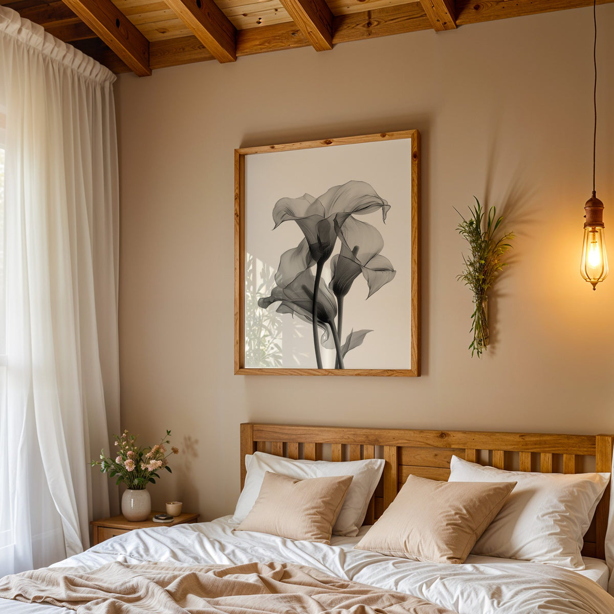 Translucent calla lily X-ray flowers print in a pine frame above a wood headboard bed under a pendant bulb