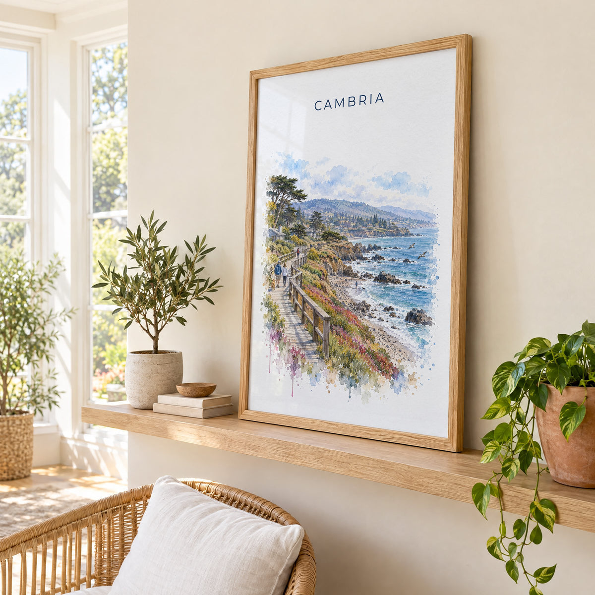 Cambria, California watercolor print in an oak frame on a picture ledge in a sunlit sunroom